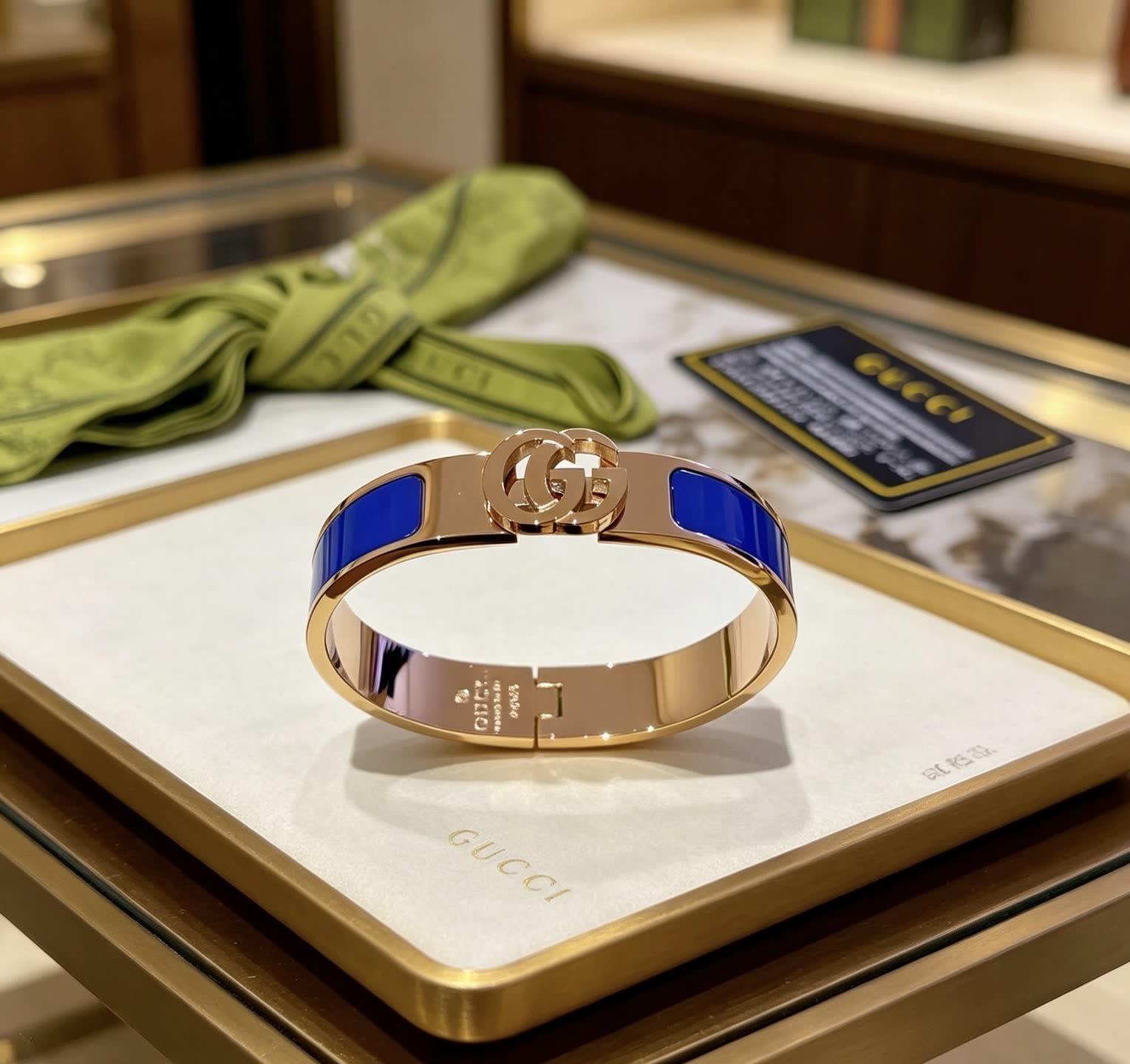Gucci Blue Enamel Gold Tone Bangle Bracelet
