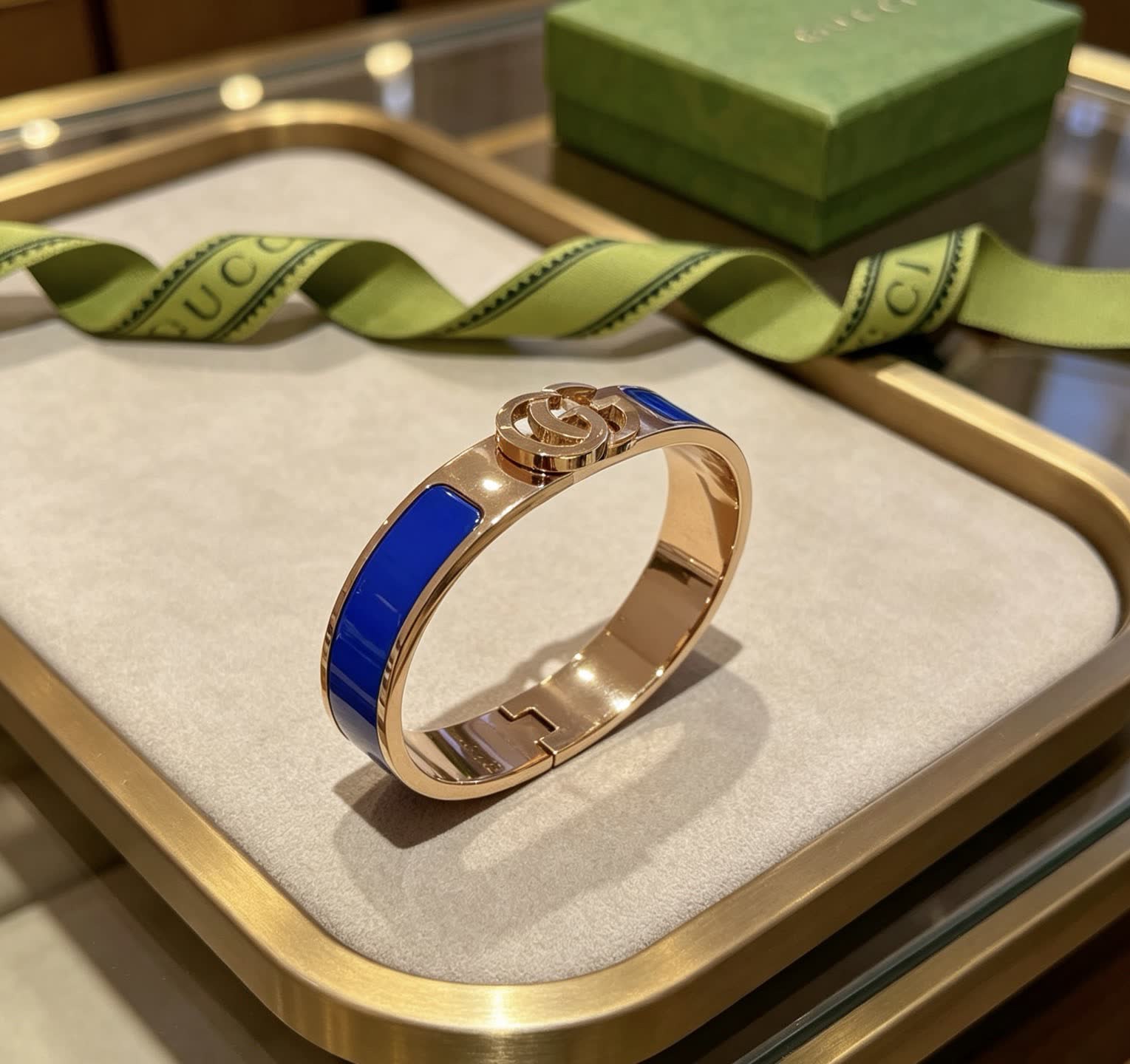Gucci Blue Enamel Gold Tone Bangle Bracelet