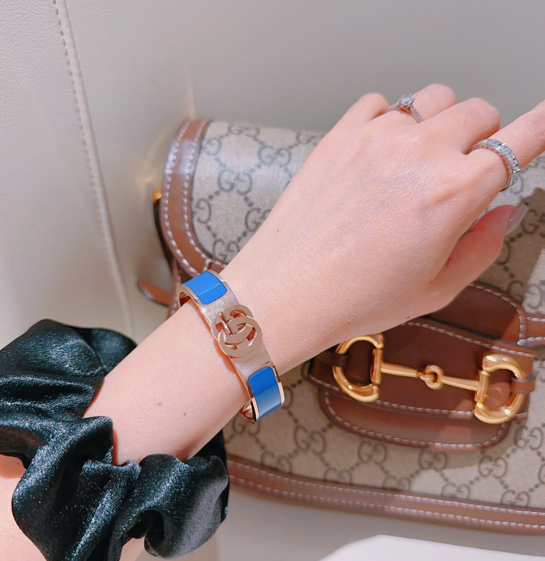 Gucci Blue Enamel Gold Tone Bangle Bracelet