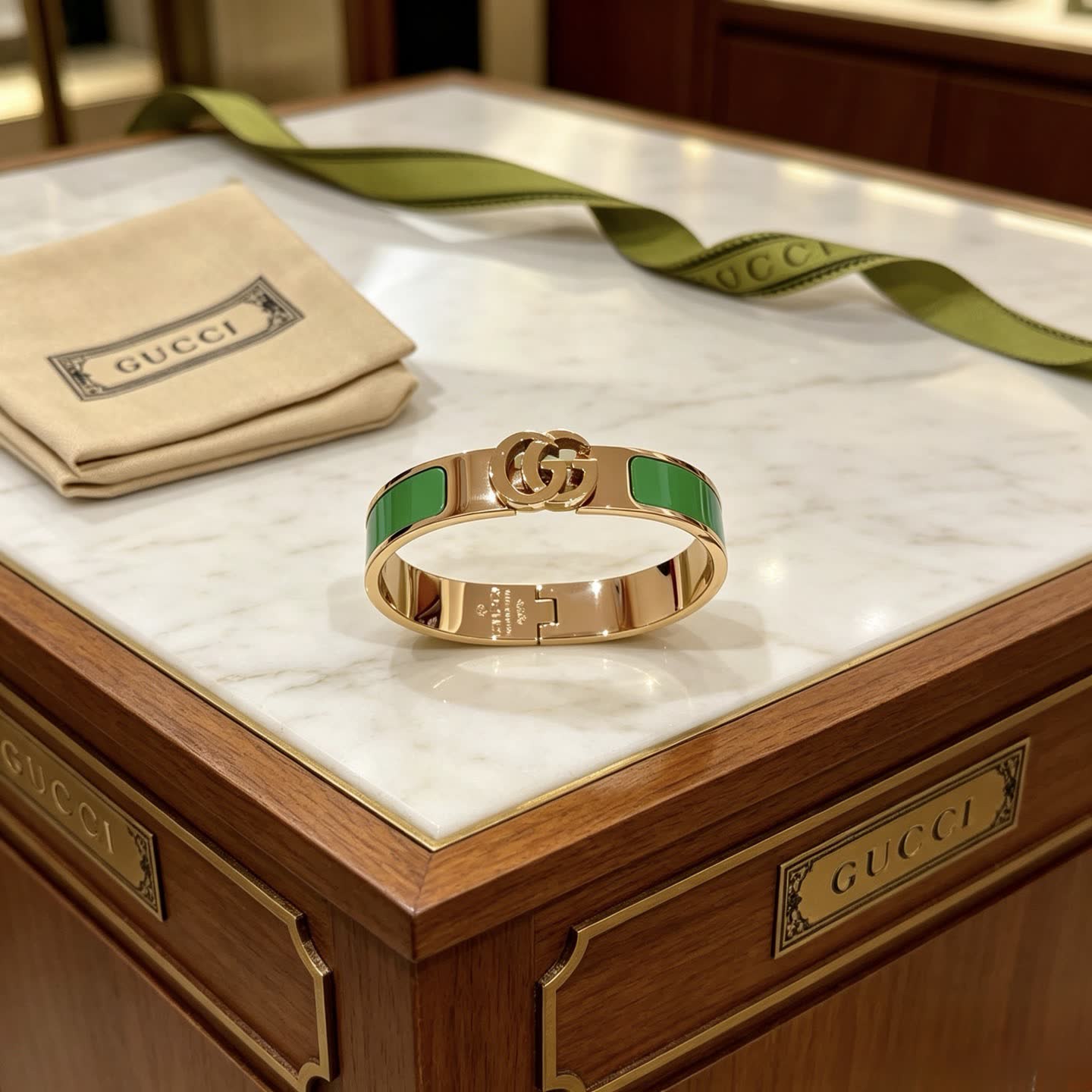 Gucci Gold Tone Green Enamel Bangle Bracelet