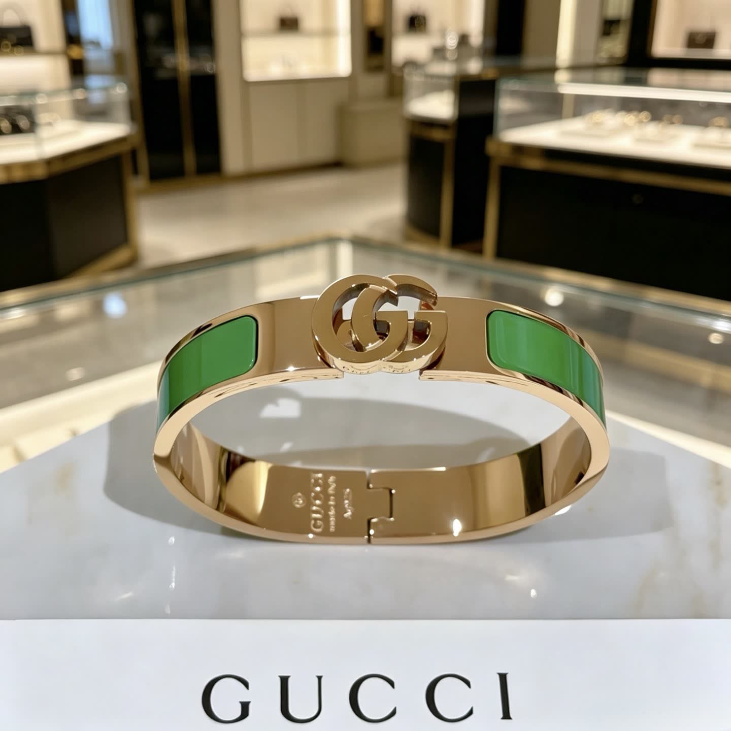 Gucci Gold Tone Green Enamel Bangle Bracelet