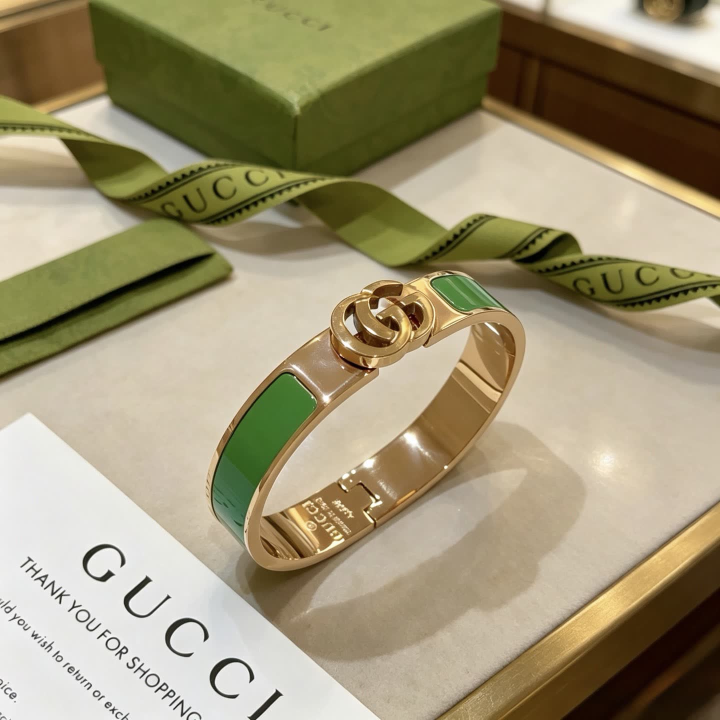 Gucci Gold Tone Green Enamel Bangle Bracelet