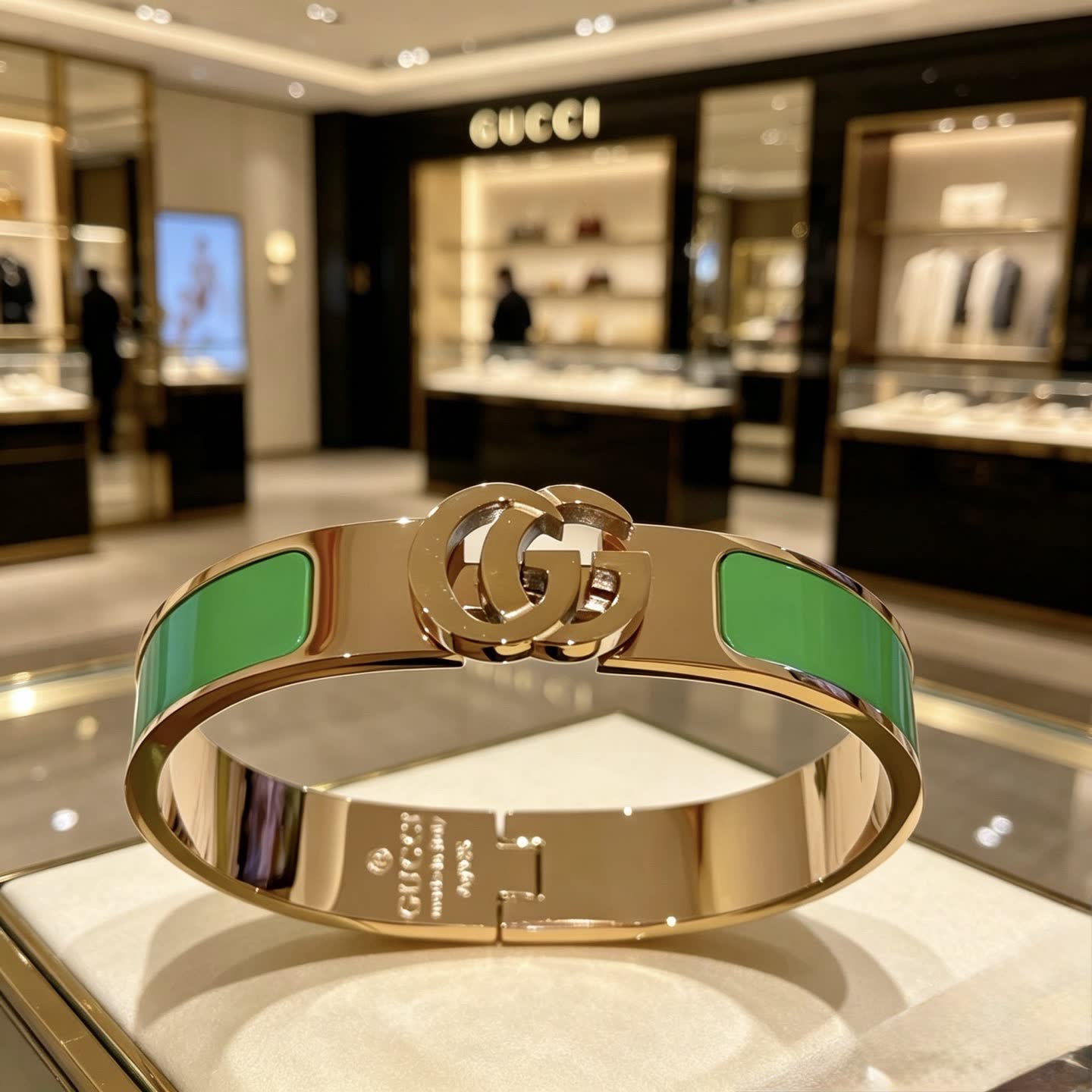 Gucci Gold Tone Green Enamel Bangle Bracelet