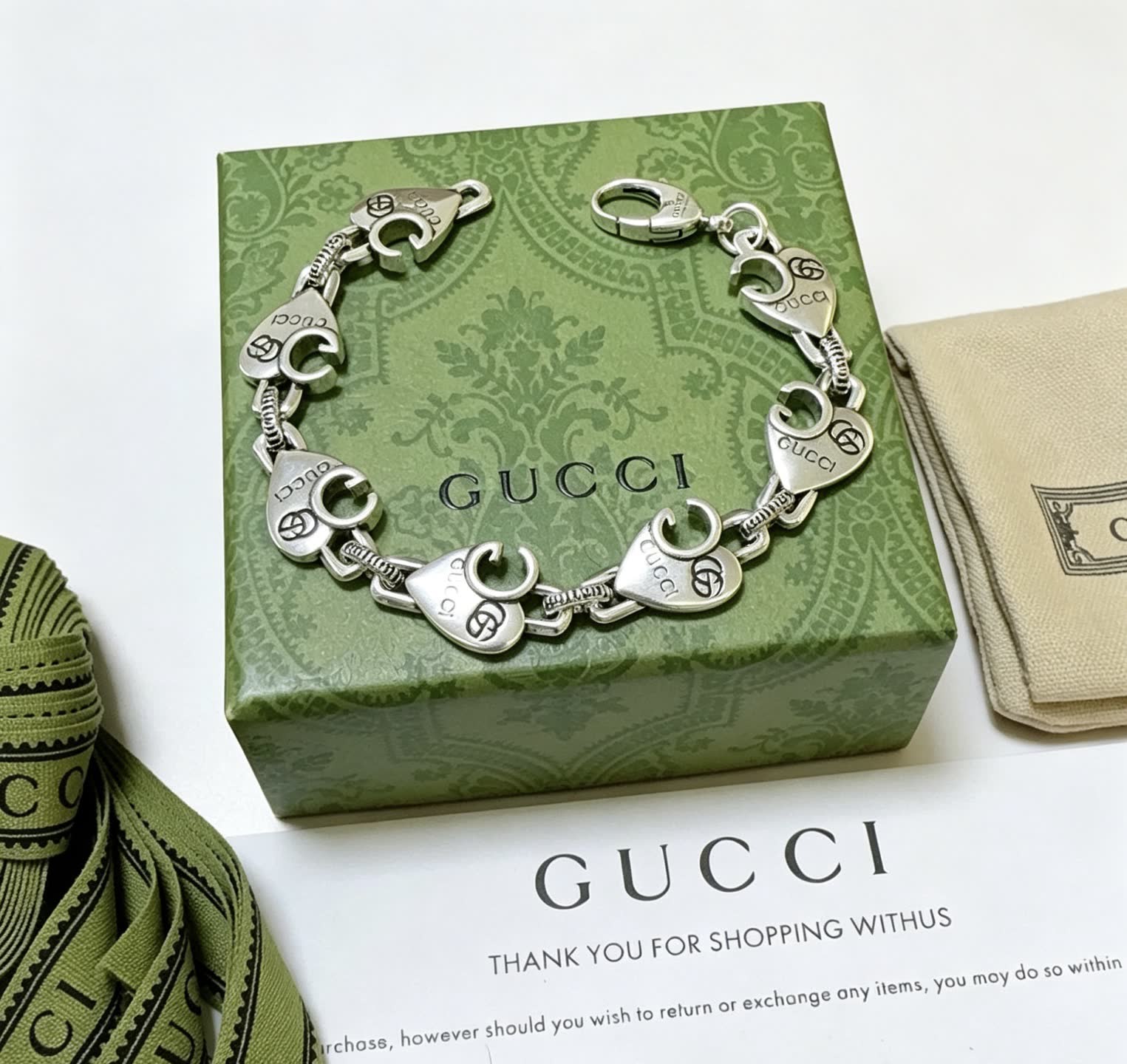 Gucci Silver Heart Link Bracelet