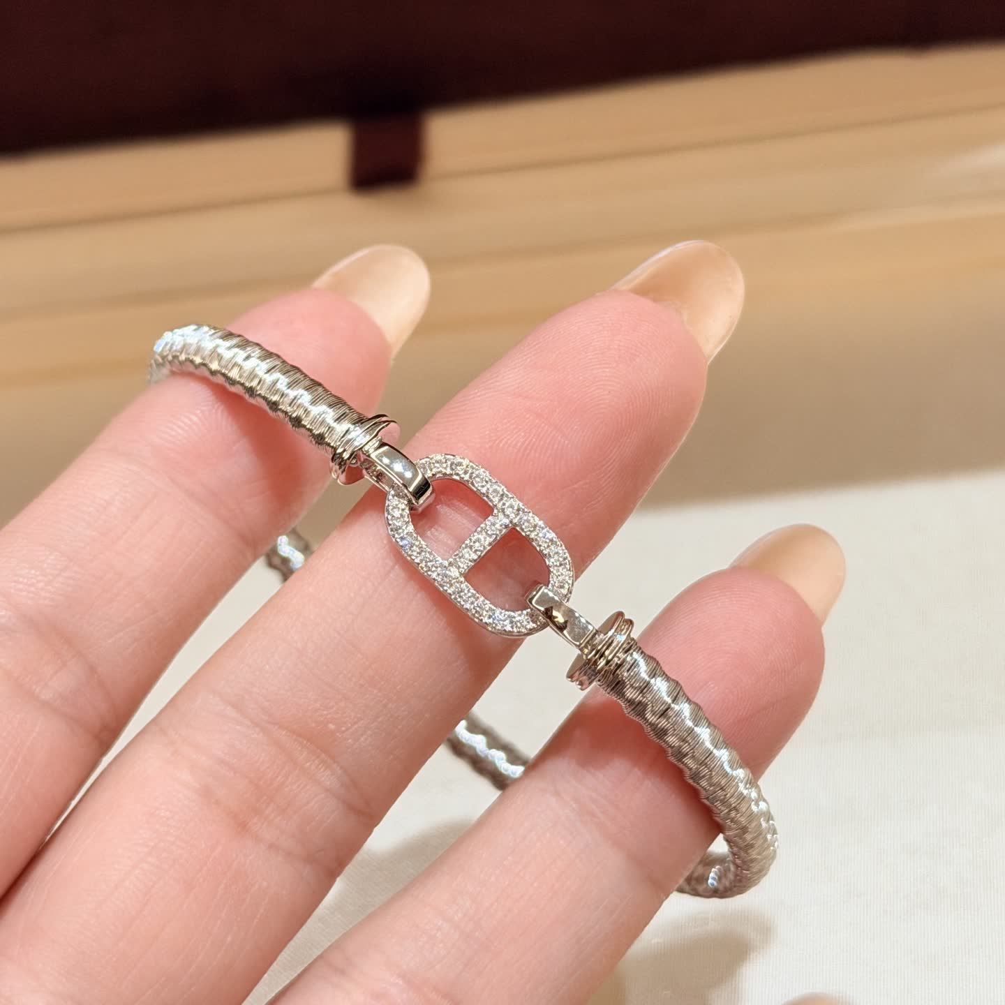 Hermes Hermès Silver Bracelet with Diamond Clasp Hermes Hermès Silver Bracelet with Diamond Clasp