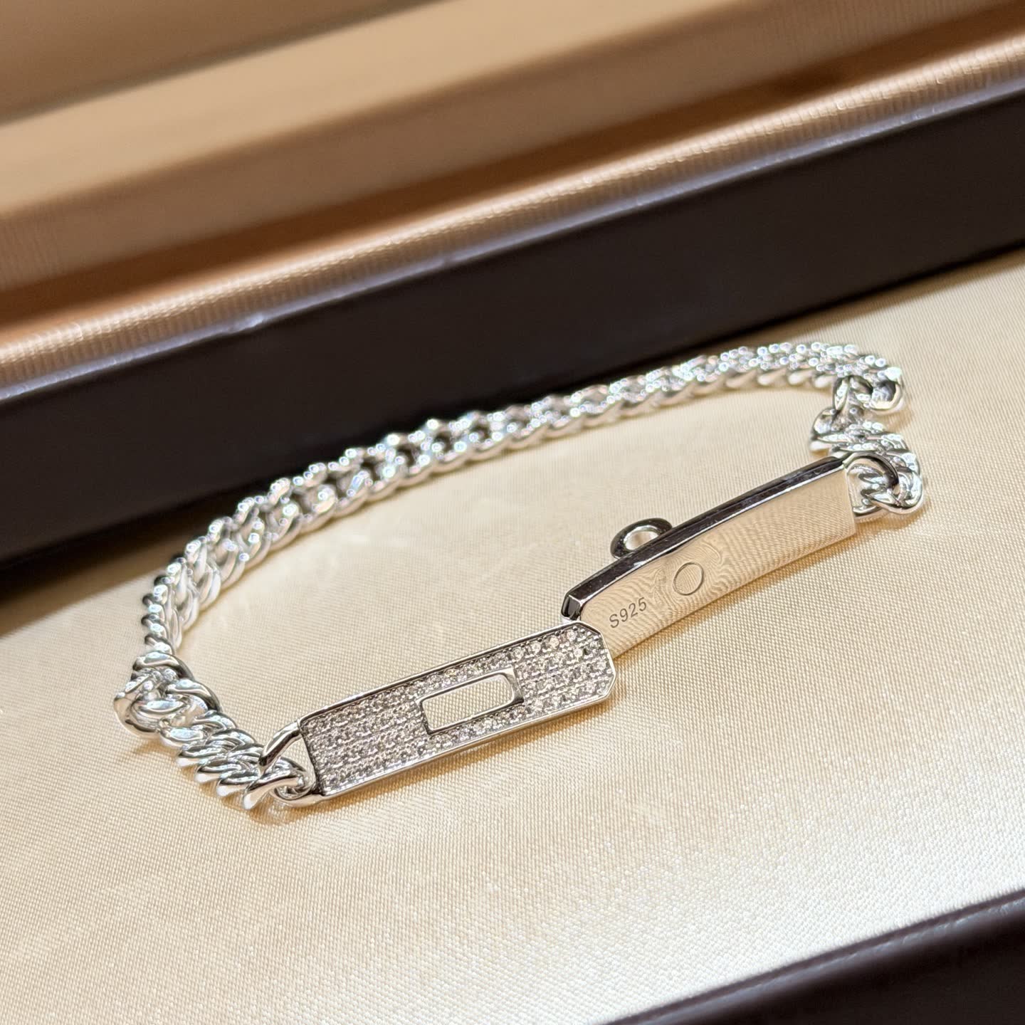 Hermes Silver Chain Bracelet with Diamond Clasp