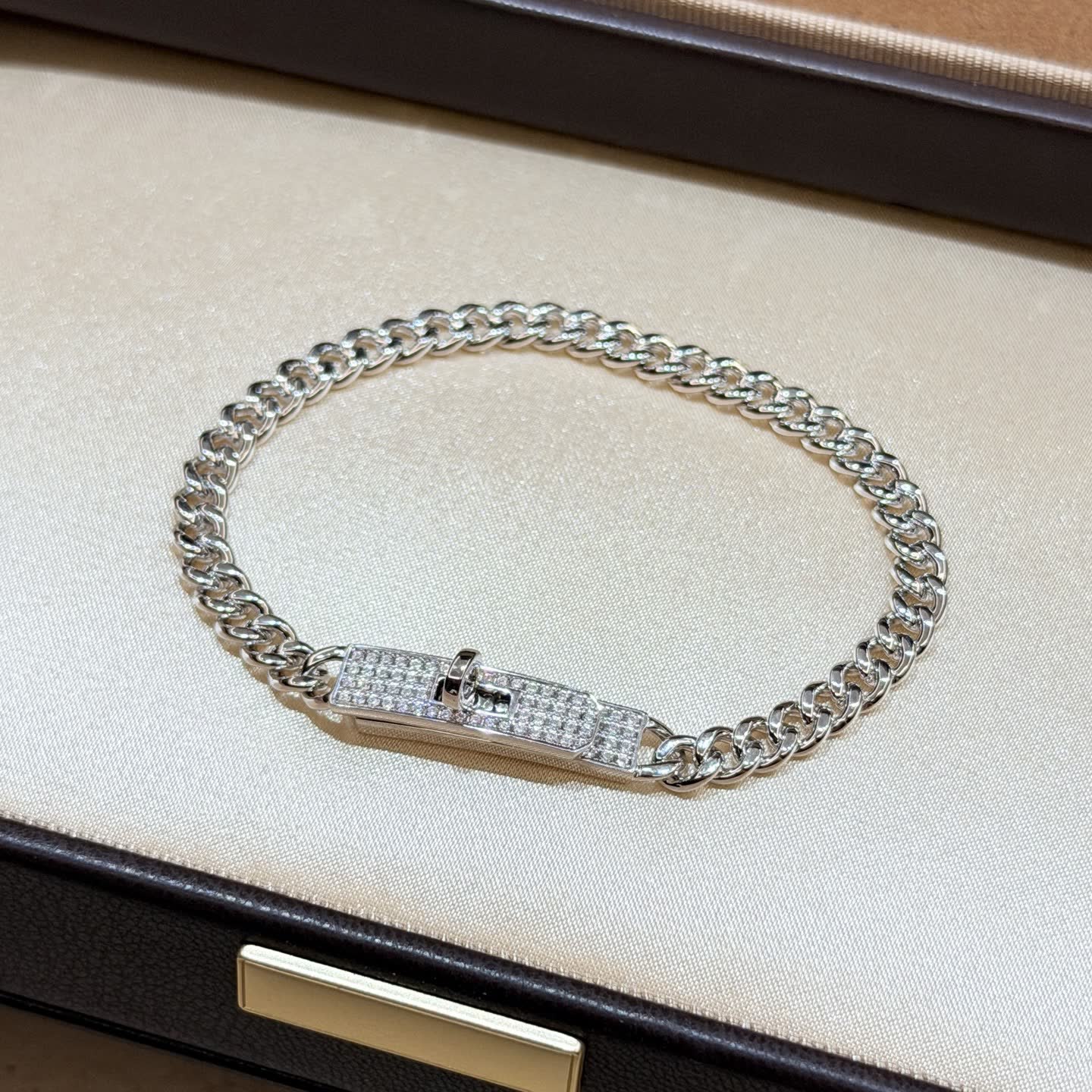 Hermes Silver Chain Bracelet with Diamond Clasp