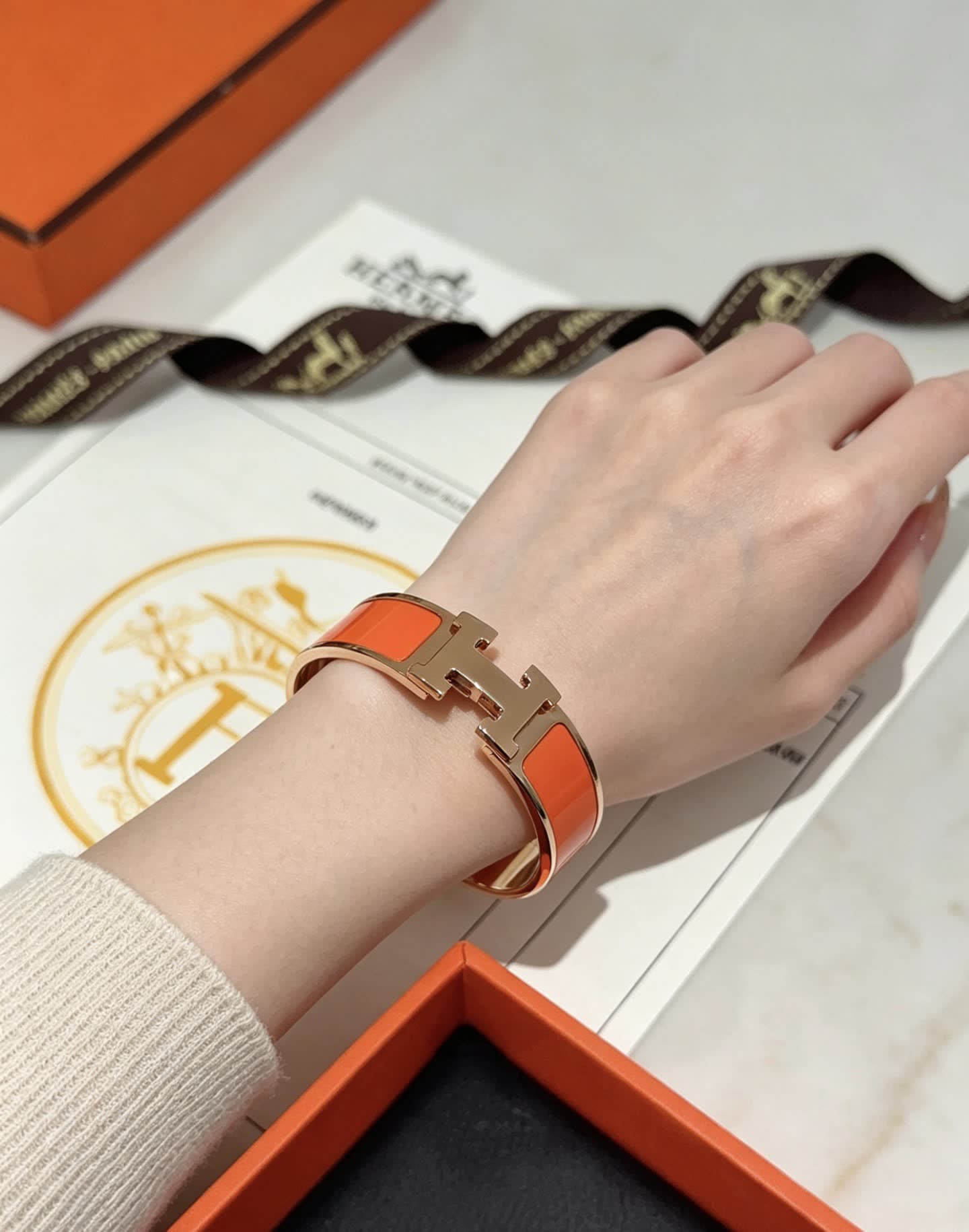 Hermes Hermès Orange and Gold H Bracelet