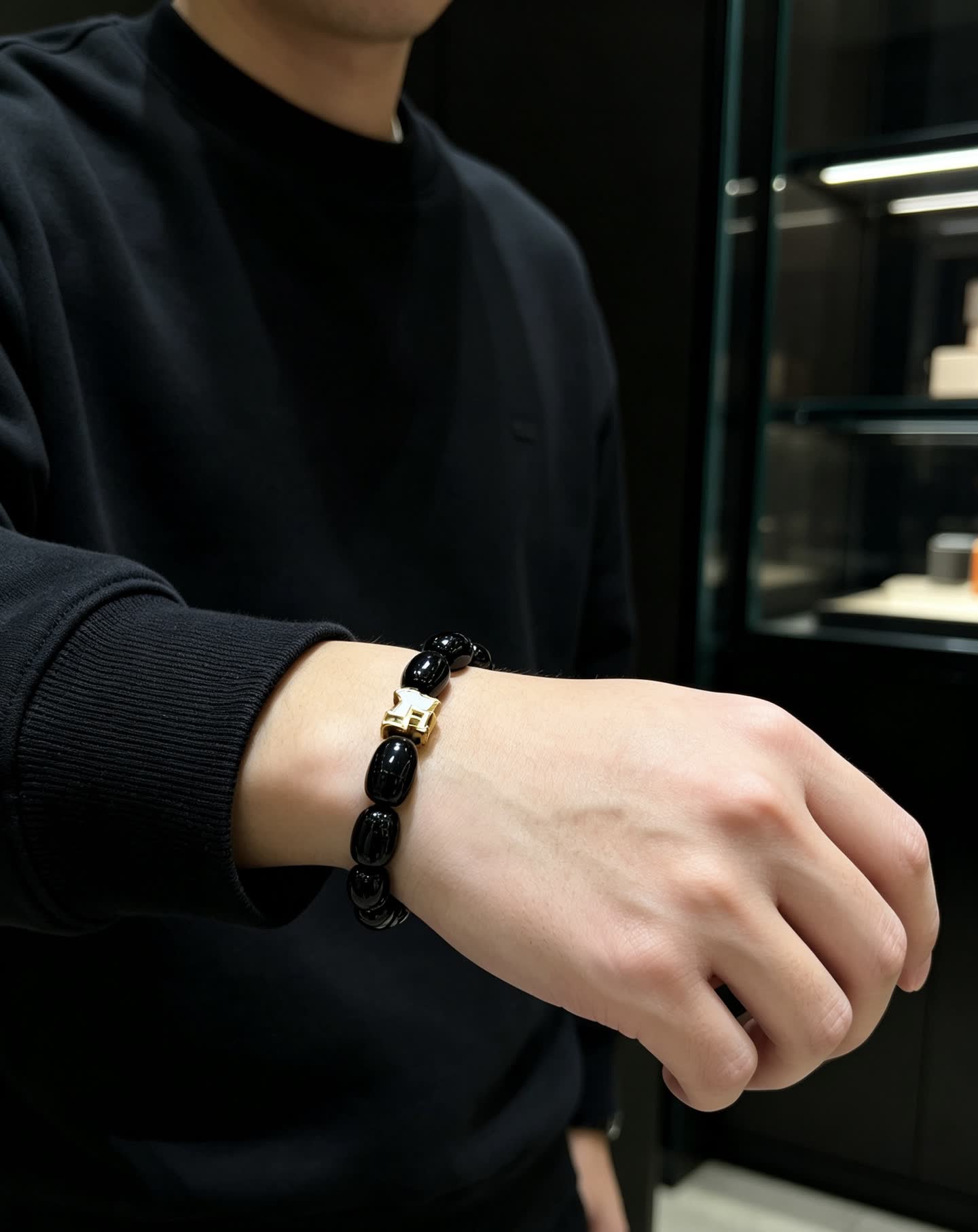 Hermes Hermès Black Beaded Bracelet with Gold Accents