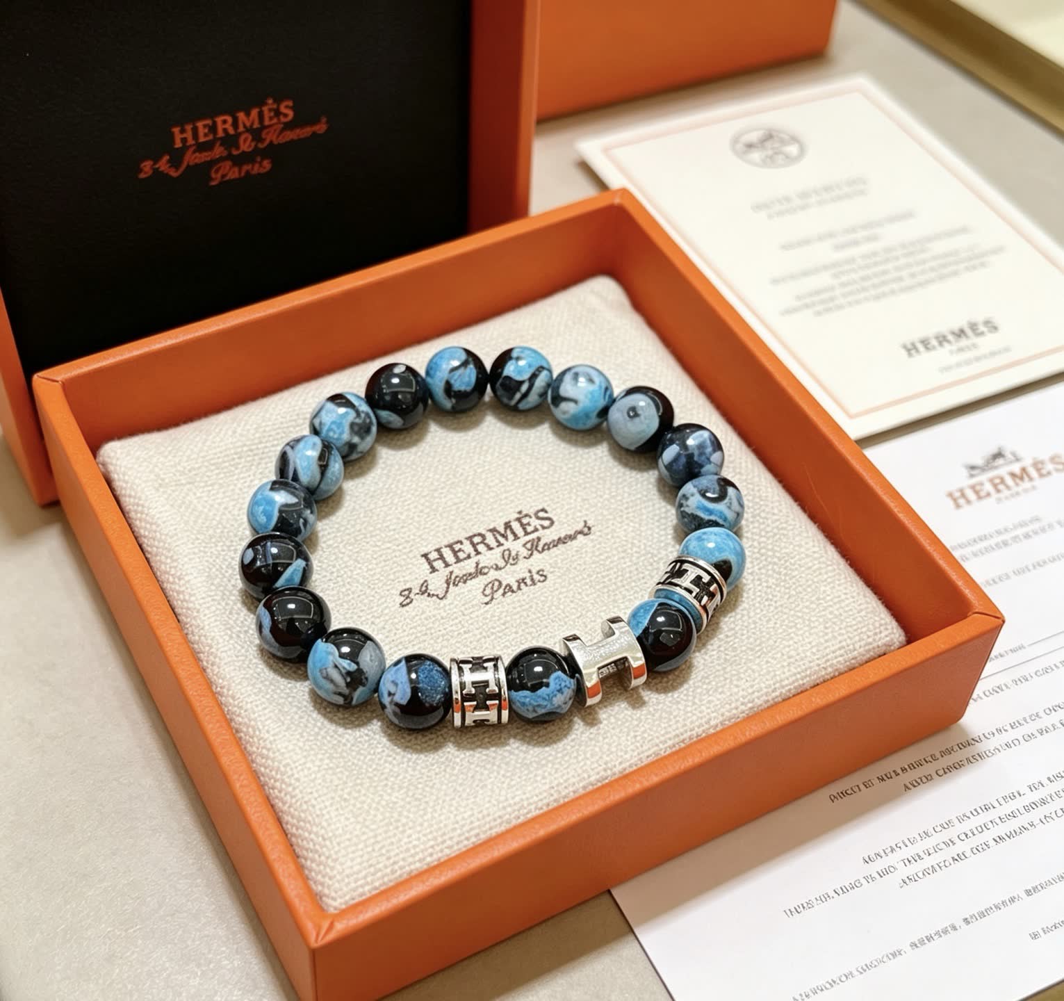 Hermes Hermès Blue and Black Agate Bead Bracelet Hermes Hermès Blue and Black Agate Bead Bracelet