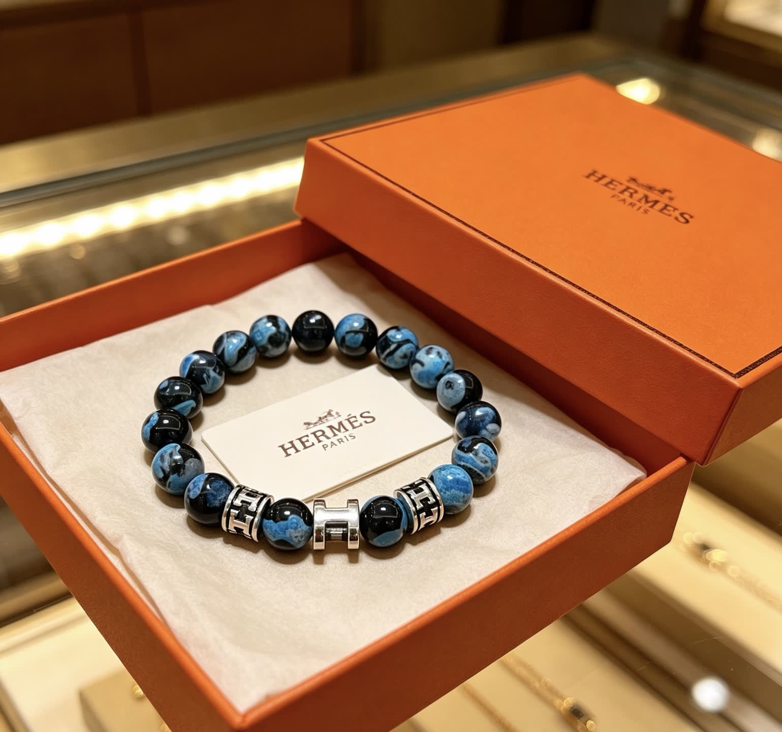 Hermes Hermès Blue and Black Agate Bead Bracelet