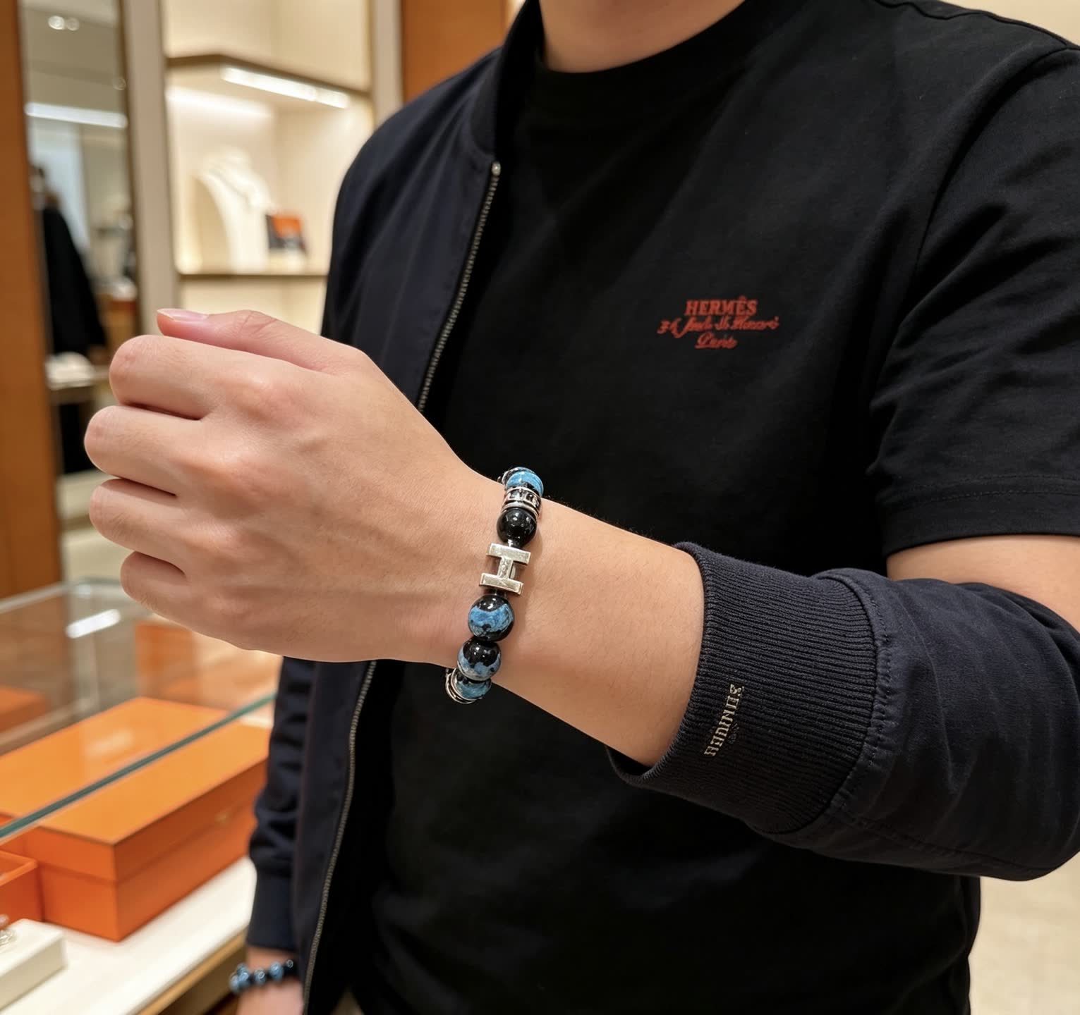 Hermes Hermès Blue and Black Agate Bead Bracelet