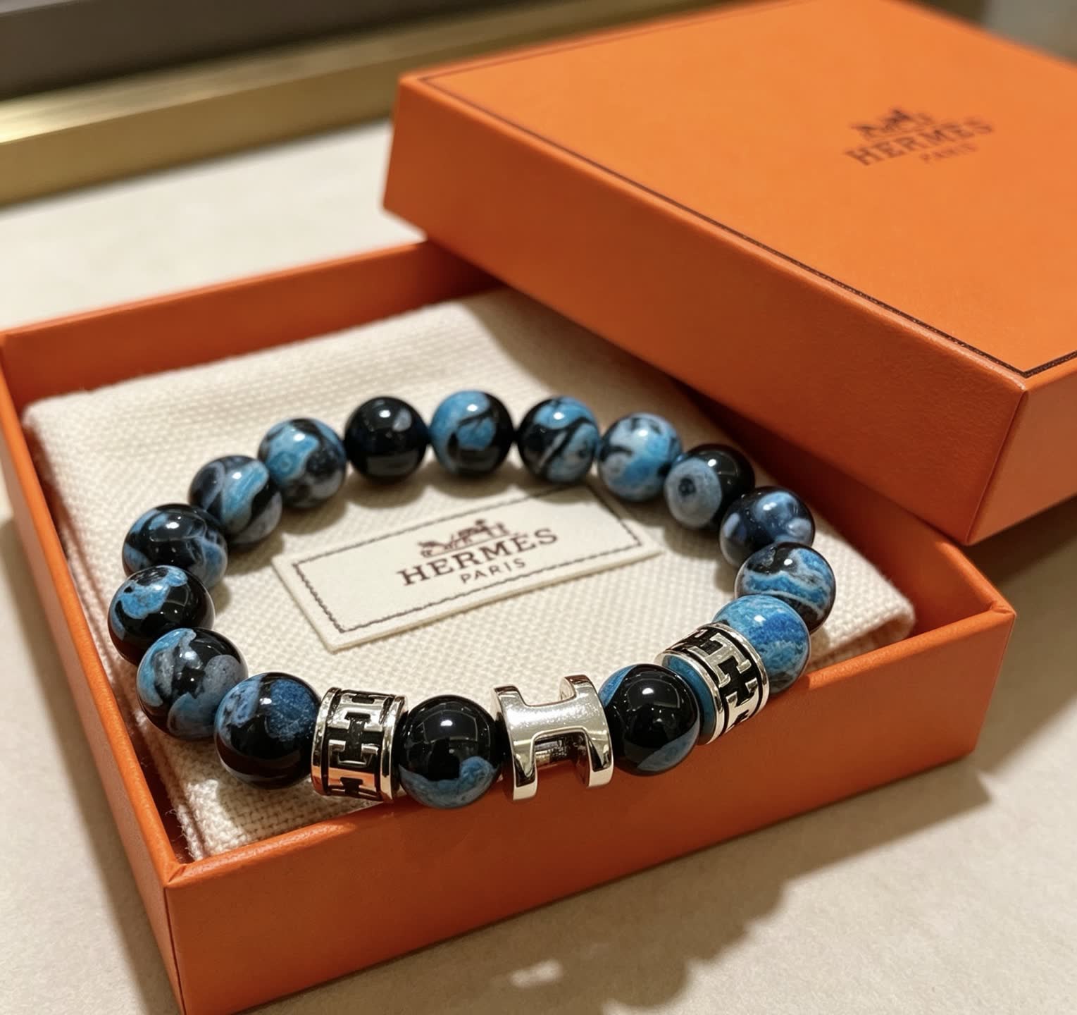 Hermes Hermès Blue and Black Agate Bead Bracelet