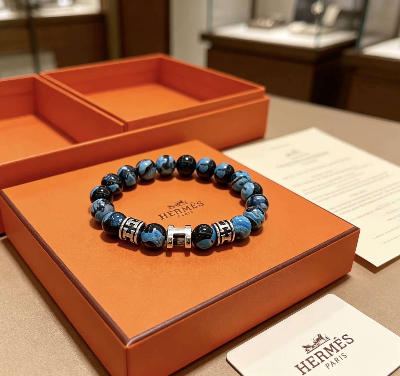 Hermes Hermès Blue and Black Agate Bead Bracelet