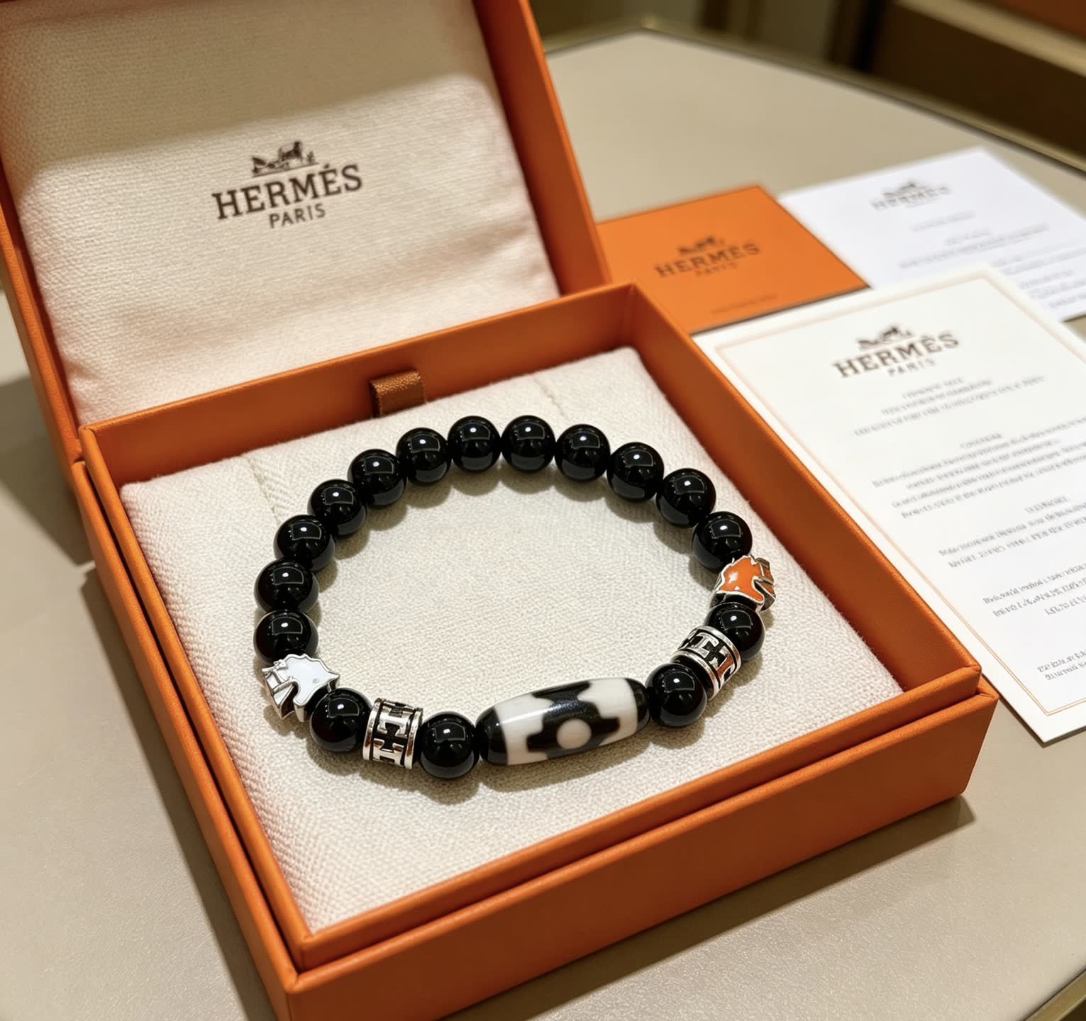 Hermes Hermès Paris Black Beaded Bracelet with Silver and Enamel Accents Hermes Hermès Paris Black Beaded Bracelet with Silver and Enamel Accents