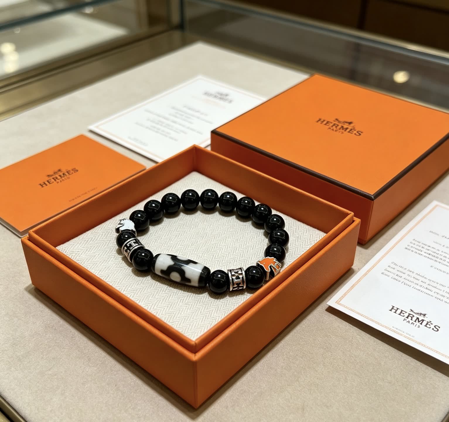 Hermes Hermès Paris Black Beaded Bracelet with Silver and Enamel Accents