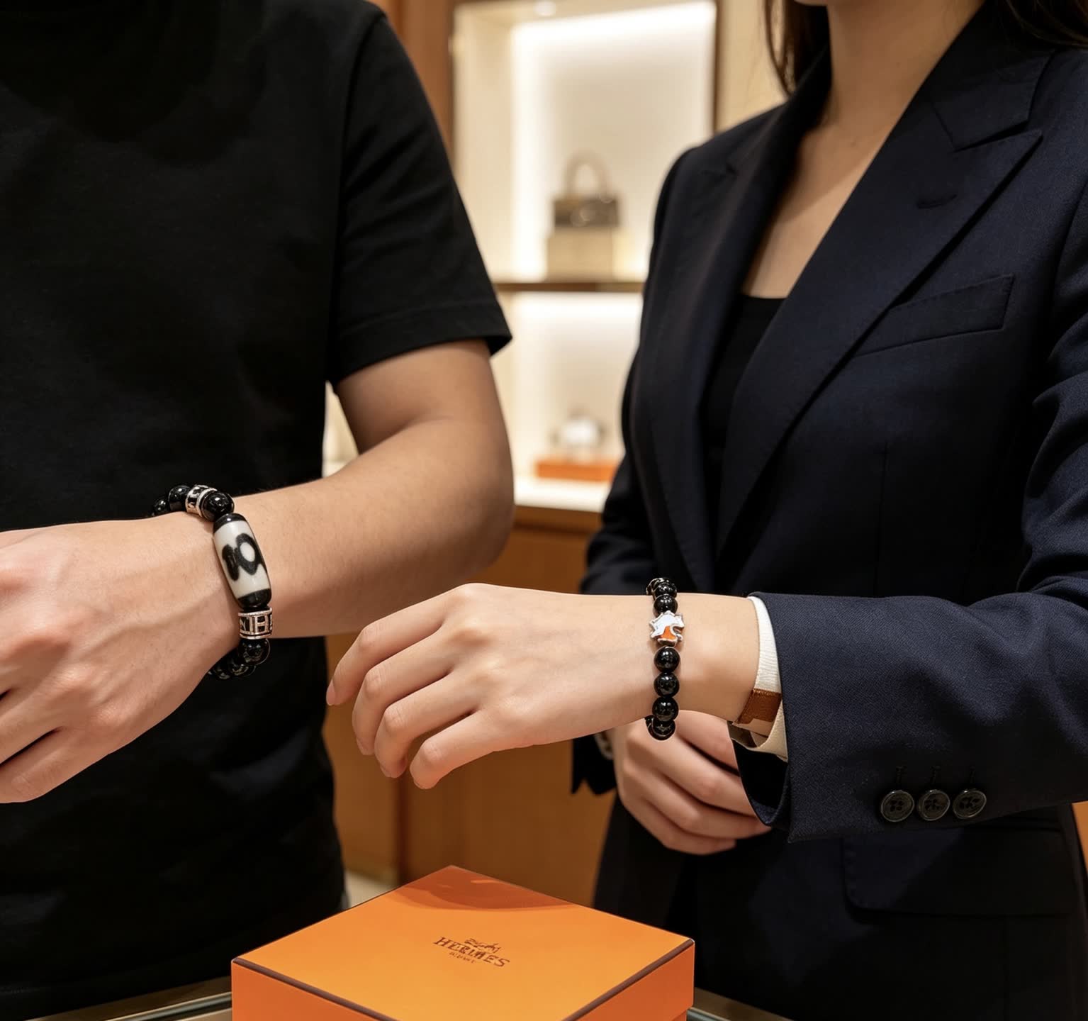 Hermes Hermès Paris Black Beaded Bracelet with Silver and Enamel Accents