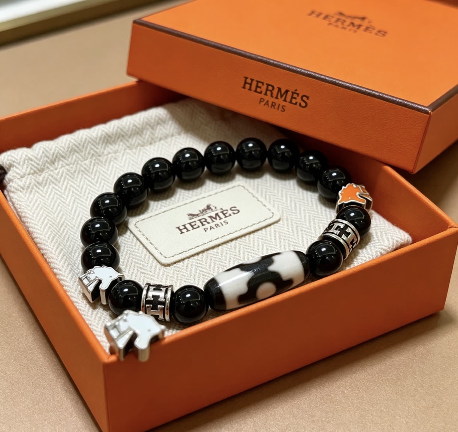 Hermes Hermès Paris Black Beaded Bracelet with Silver and Enamel Accents