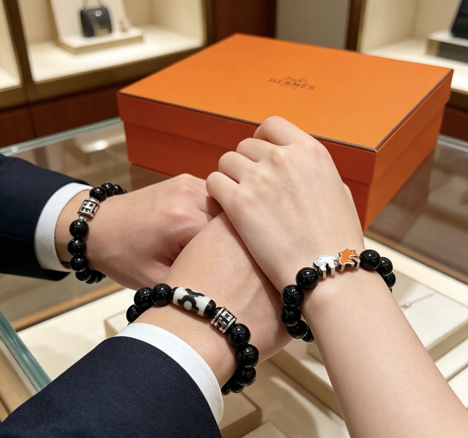 Hermes Hermès Paris Black Beaded Bracelet with Silver and Enamel Accents