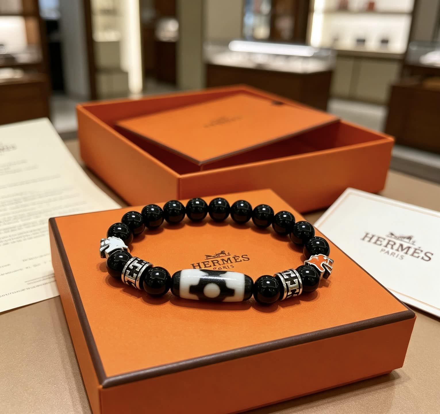 Hermes Hermès Paris Black Beaded Bracelet with Silver and Enamel Accents