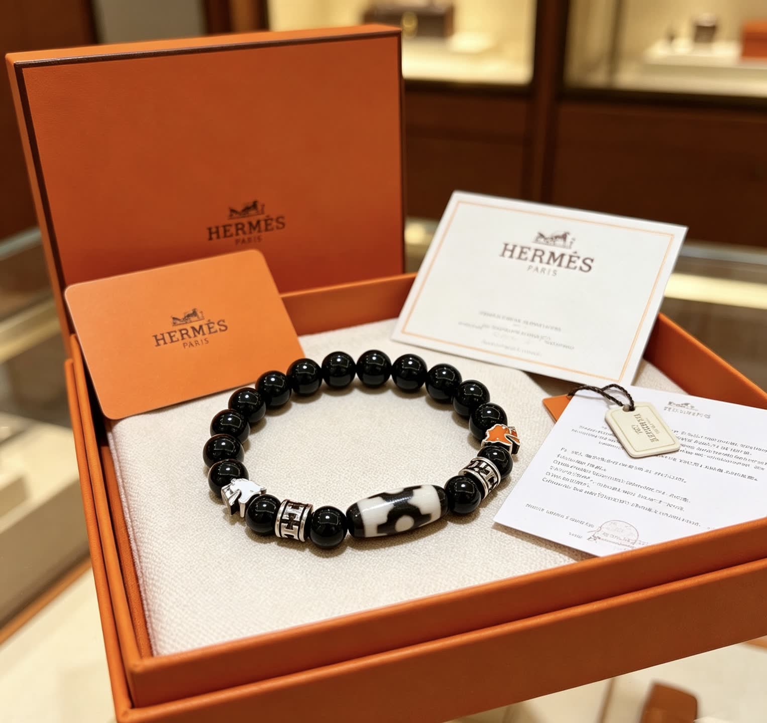 Hermes Hermès Paris Black Beaded Bracelet with Silver and Enamel Accents