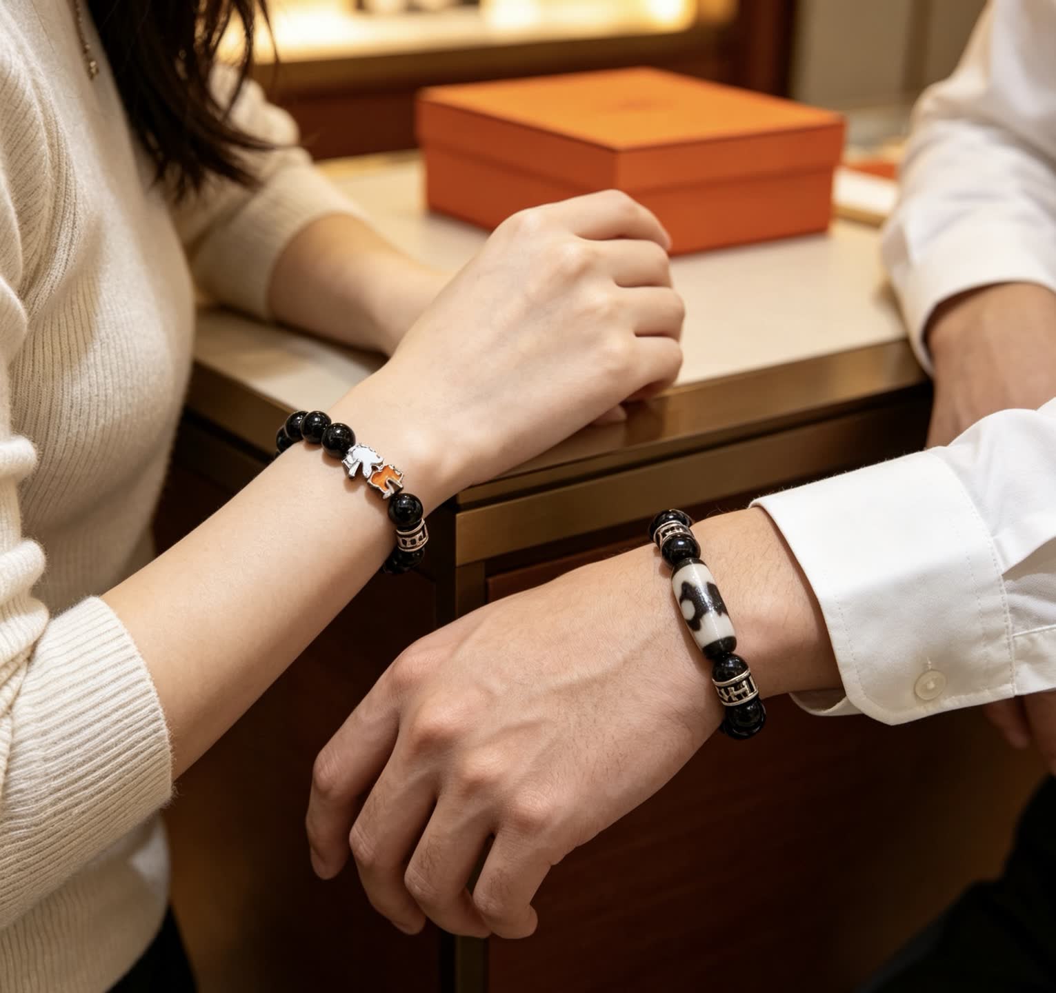 Hermes Hermès Paris Black Beaded Bracelet with Silver and Enamel Accents