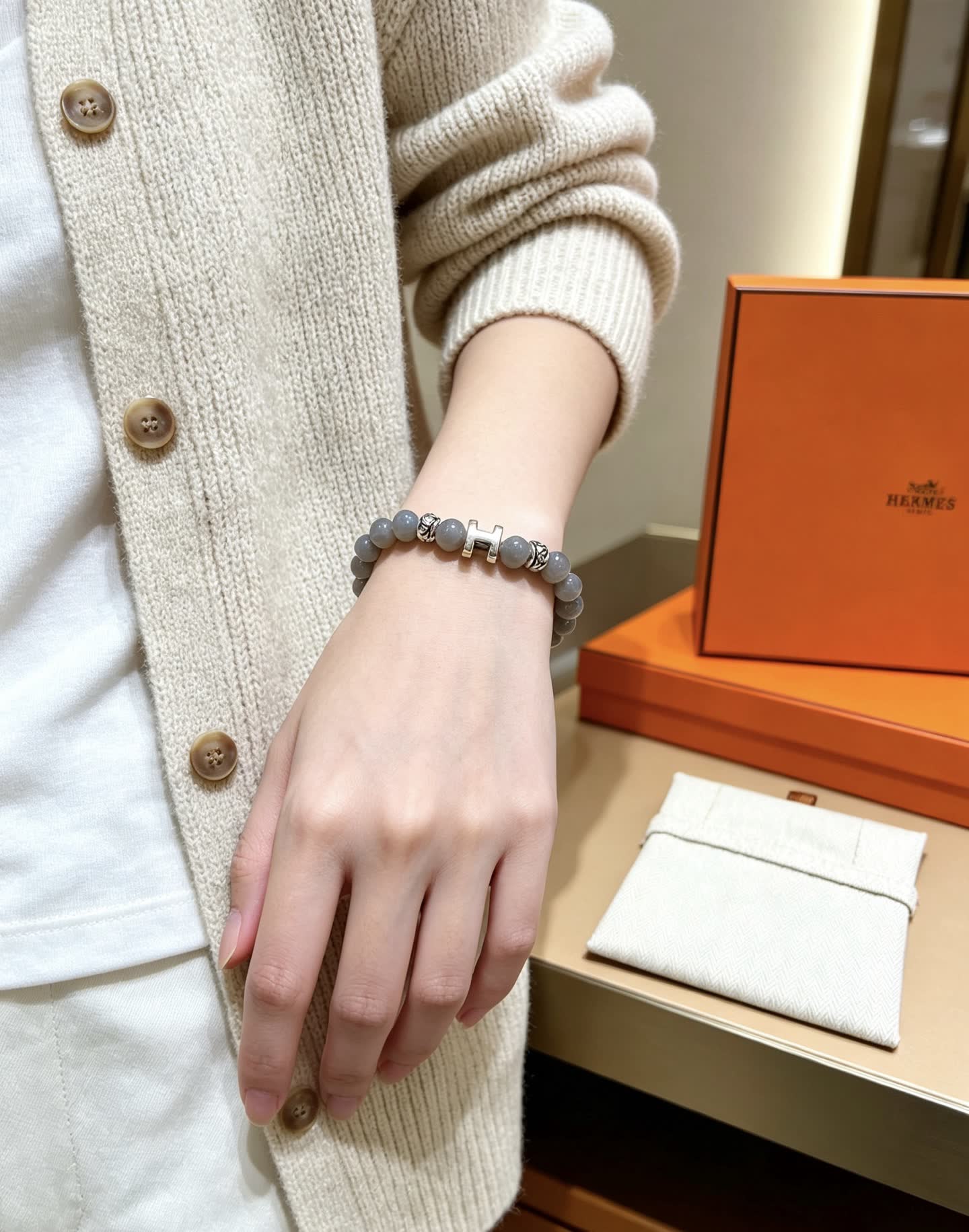 Hermes Hermès Paris Grey Beaded Bracelet with Silver H-Bead