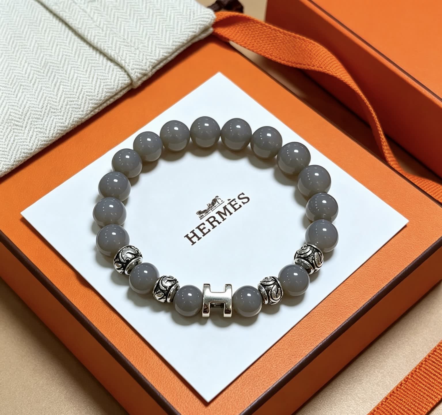 Hermes Hermès Paris Grey Beaded Bracelet with Silver H-Bead