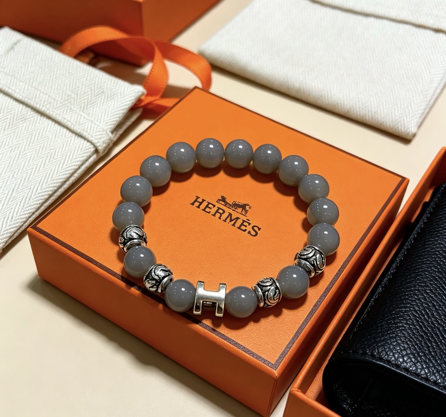 Hermes Hermès Paris Grey Beaded Bracelet with Silver H-Bead