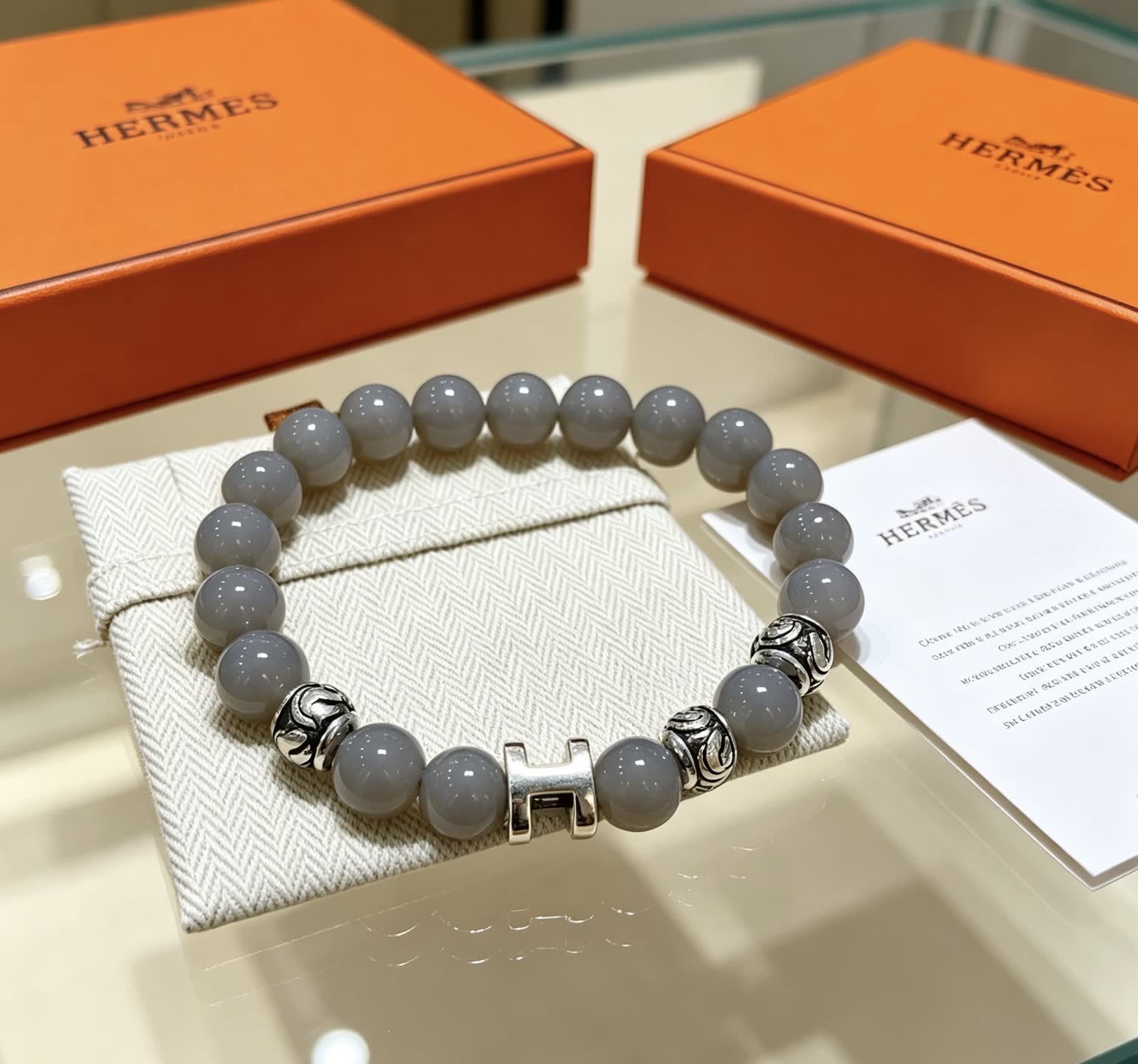 Hermes Hermès Paris Grey Beaded Bracelet with Silver H-Bead