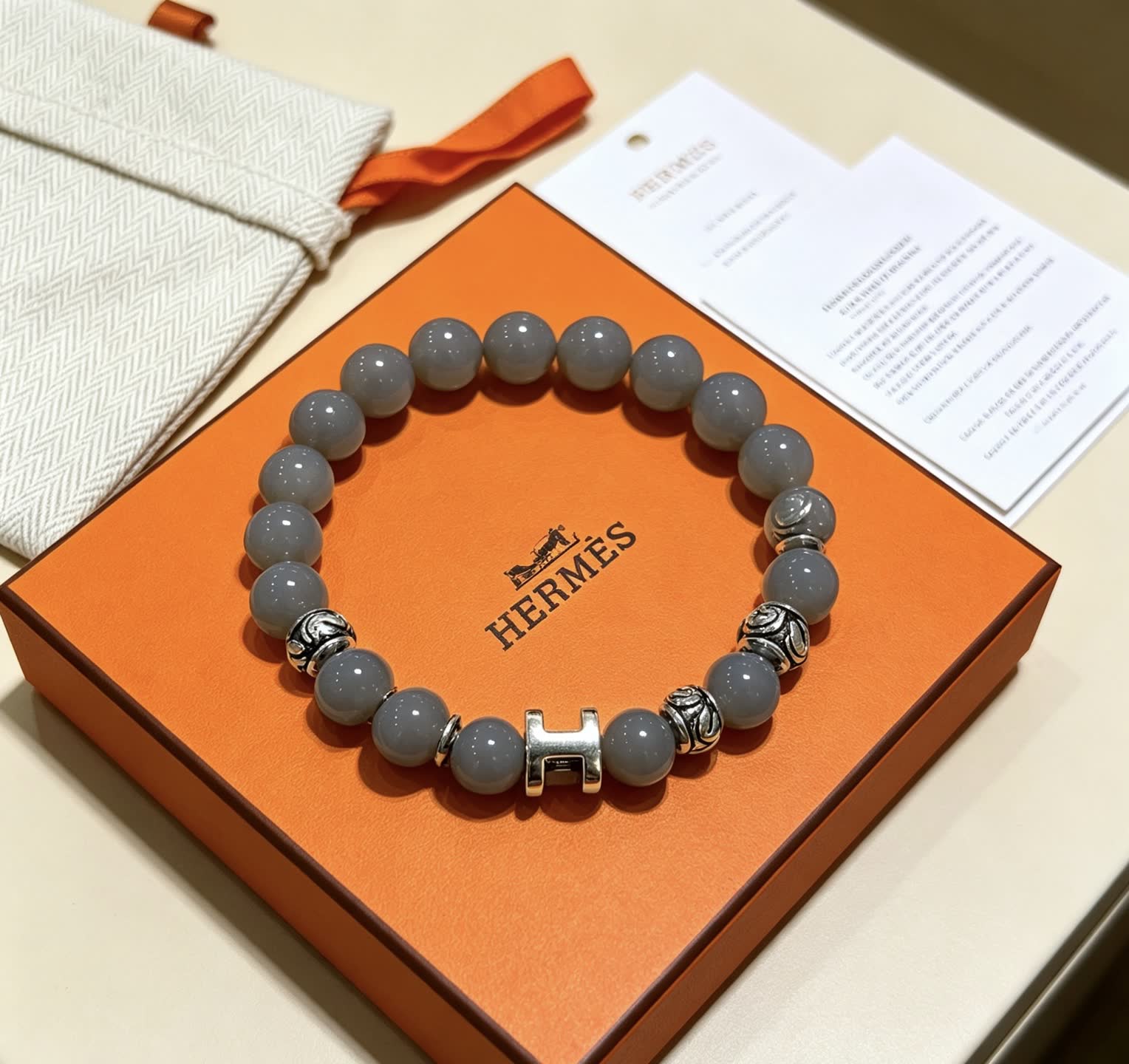 Hermes Hermès Paris Grey Beaded Bracelet with Silver H-Bead