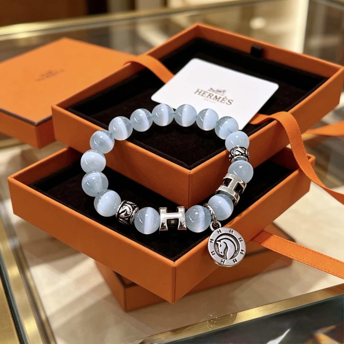 Hermes Hermès Blue Opal Beaded Bracelet with H Logo and Medallion