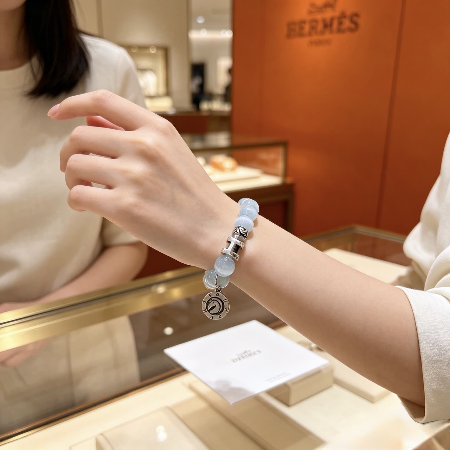 Hermes Hermès Blue Opal Beaded Bracelet with H Logo and Medallion