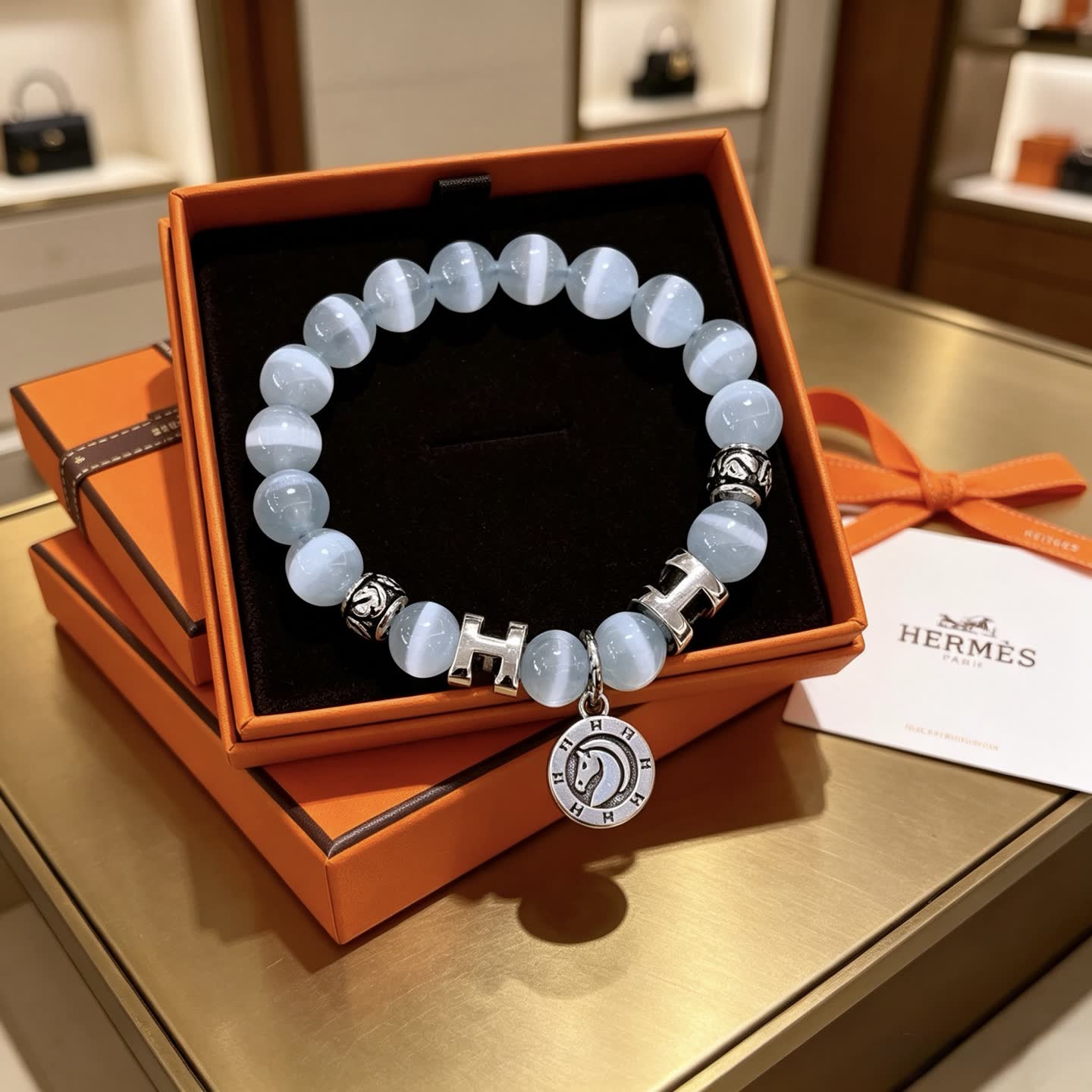 Hermes Hermès Blue Opal Beaded Bracelet with H Logo and Medallion