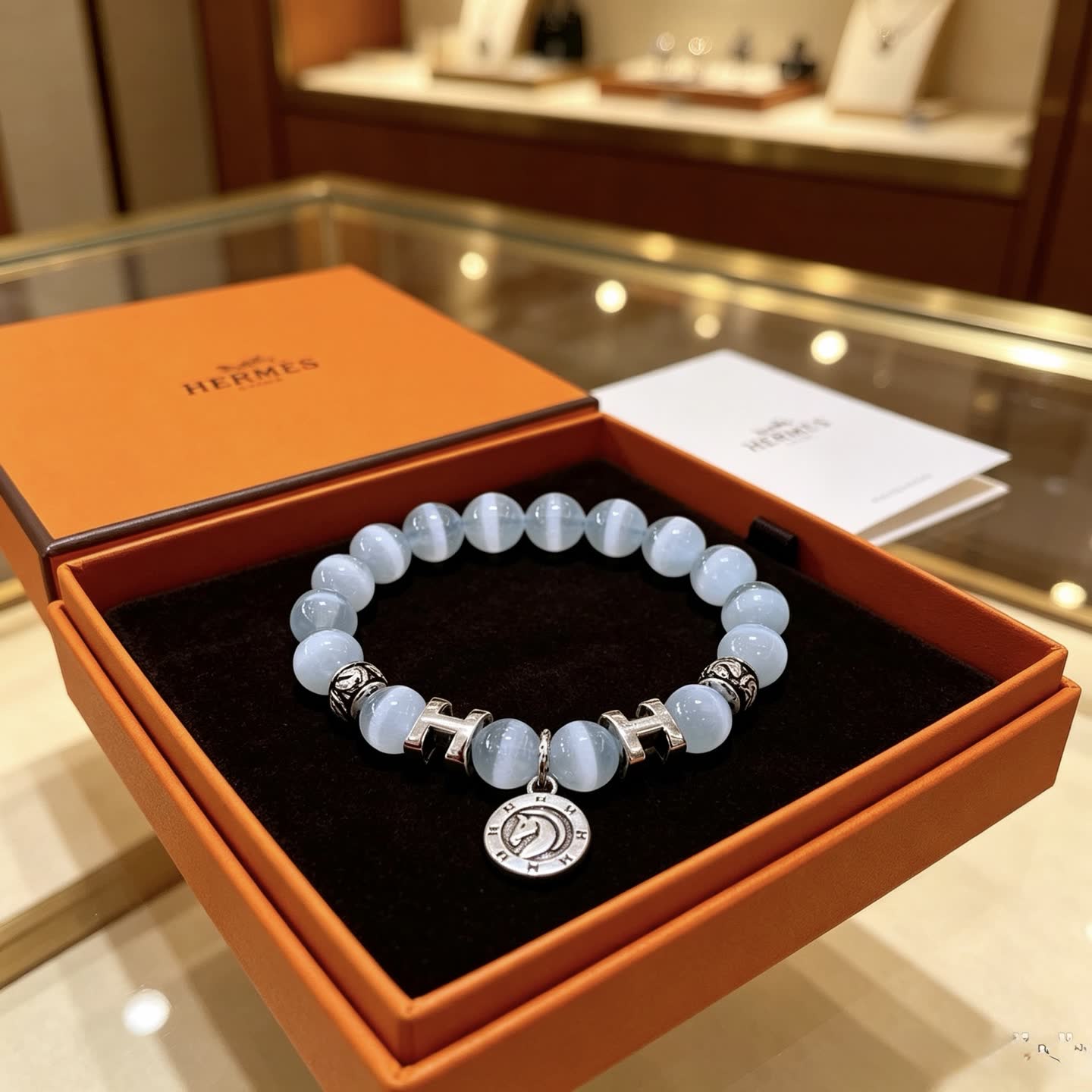 Hermes Hermès Blue Opal Beaded Bracelet with H Logo and Medallion