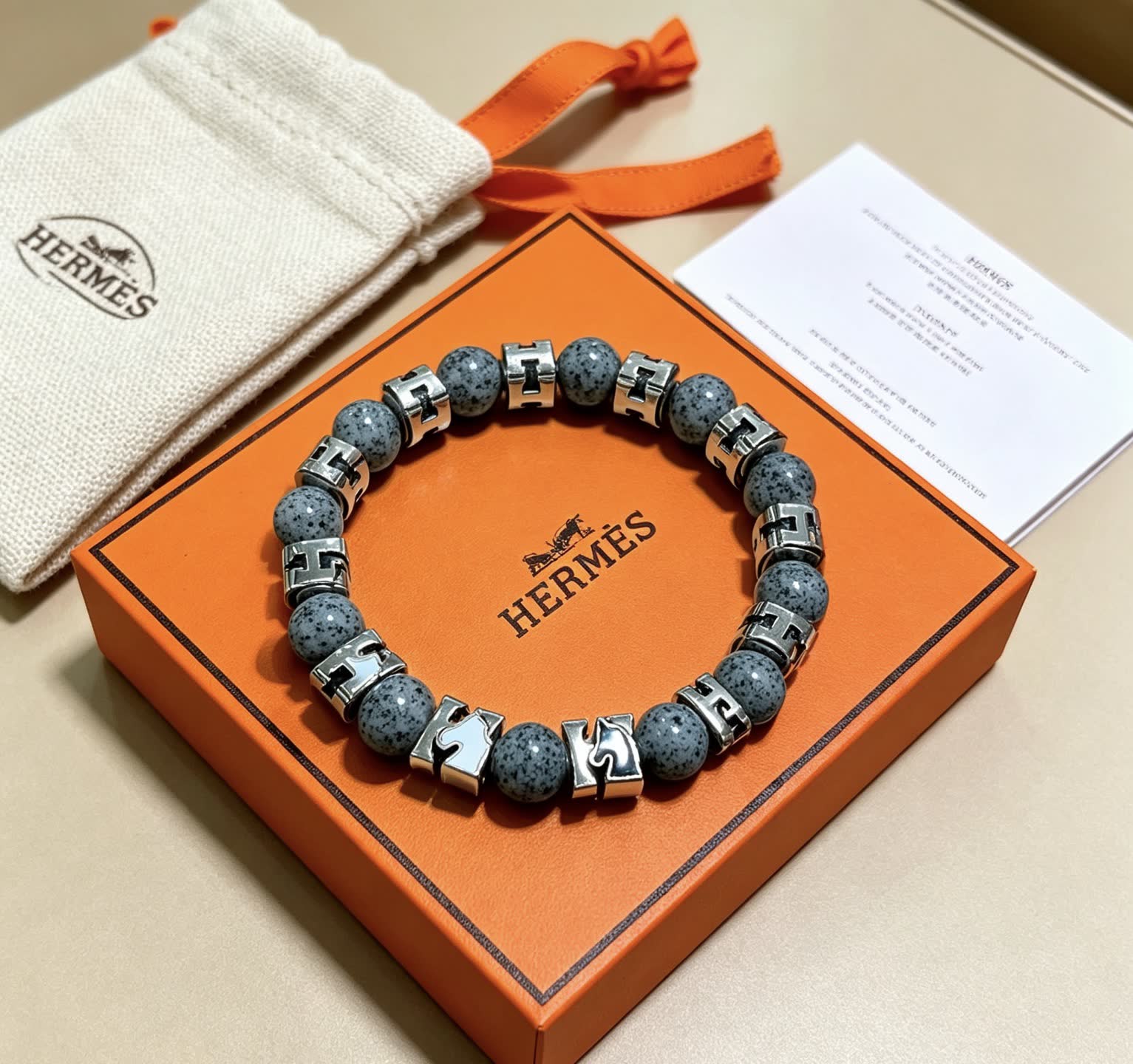 Hermes Hermès Paris Grey Stone & Silver Bracelet