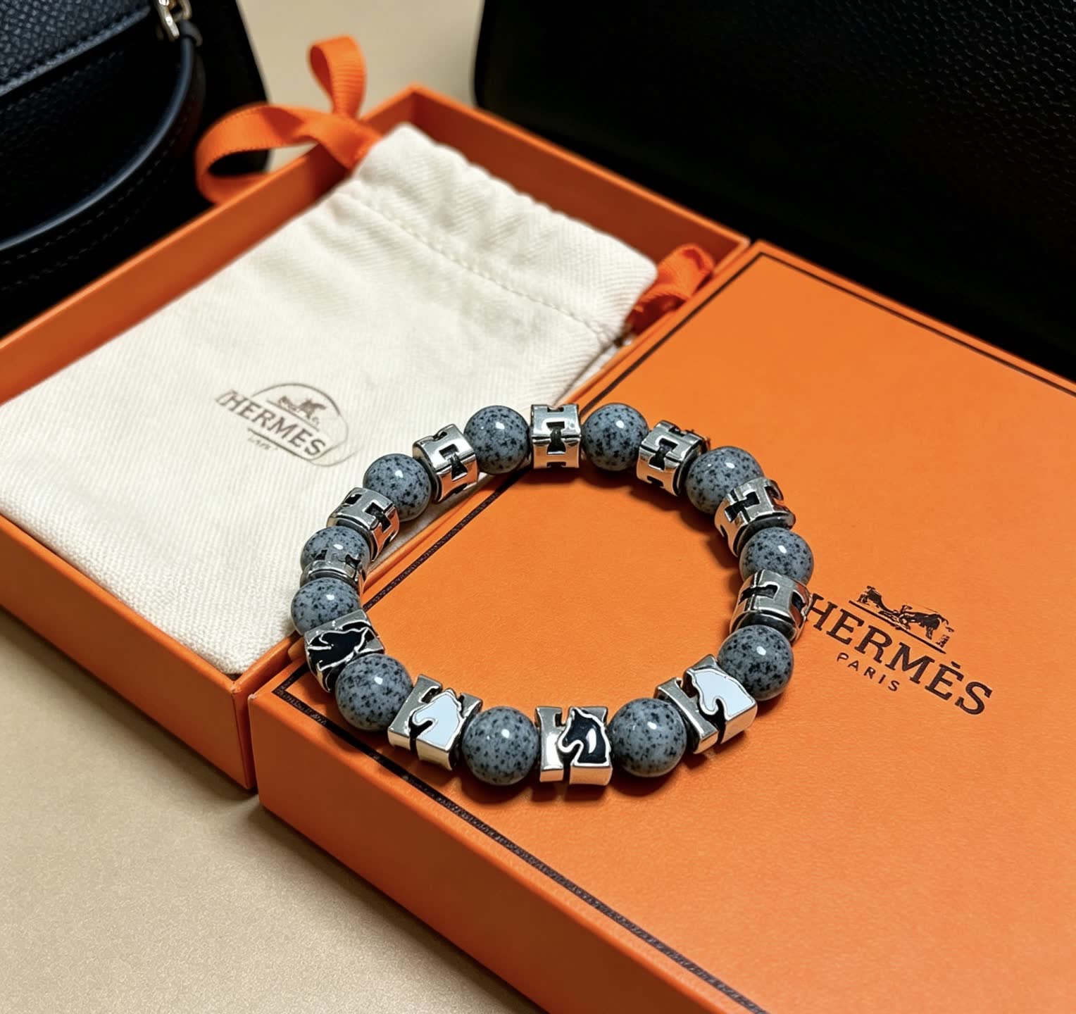 Hermes Hermès Paris Grey Stone & Silver Bracelet