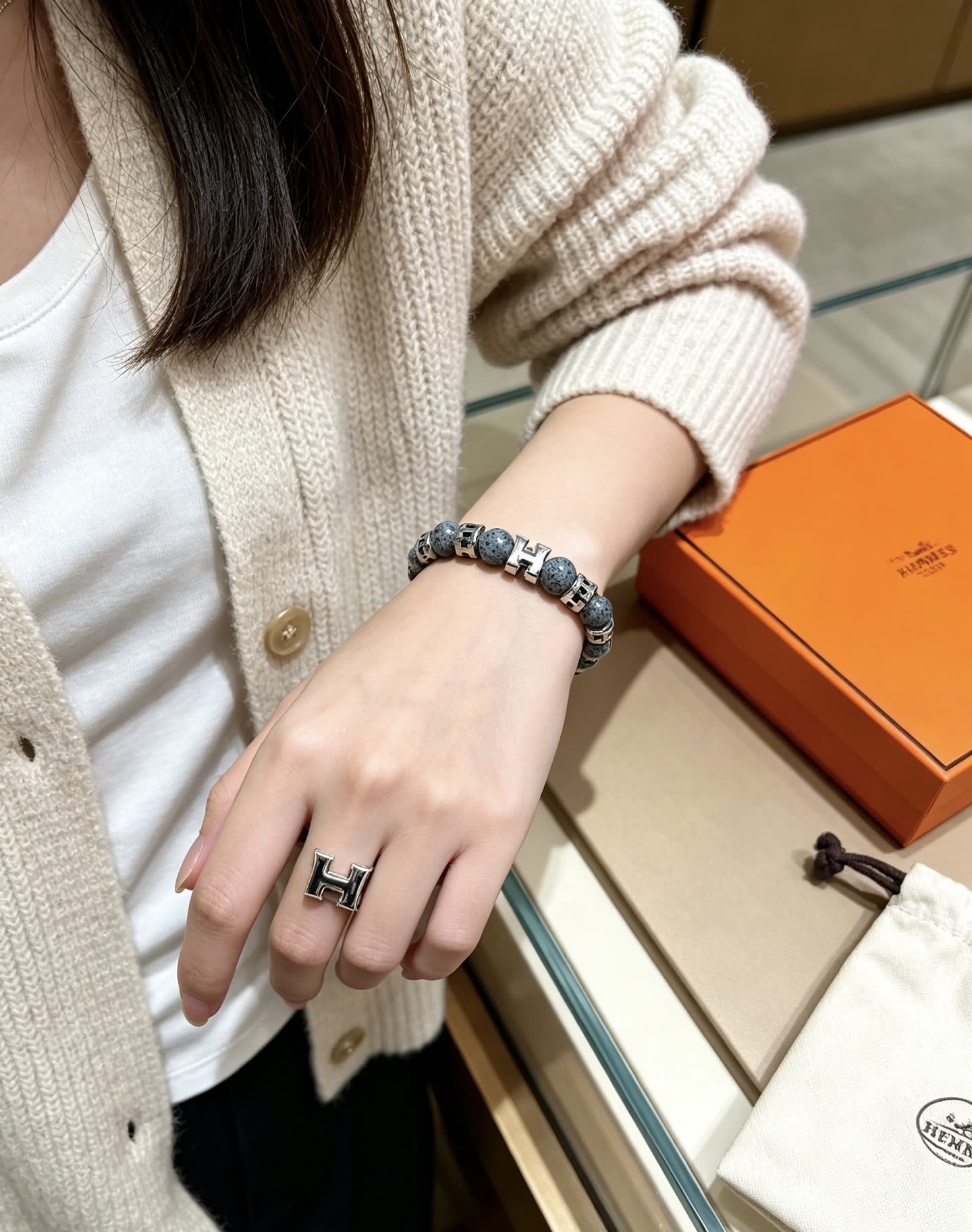 Hermes Hermès Paris Grey Stone & Silver Bracelet
