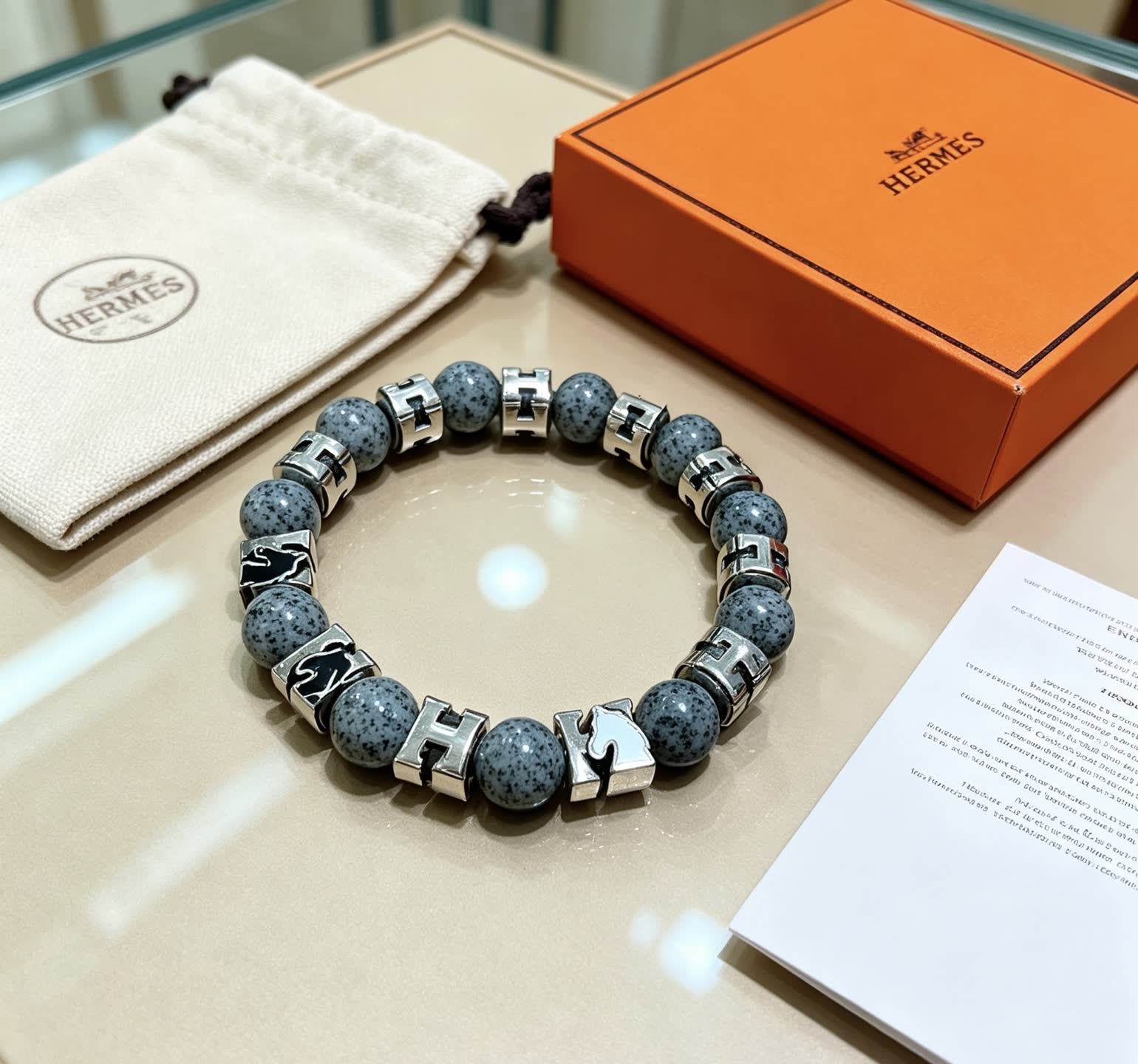 Hermes Hermès Paris Grey Stone & Silver Bracelet
