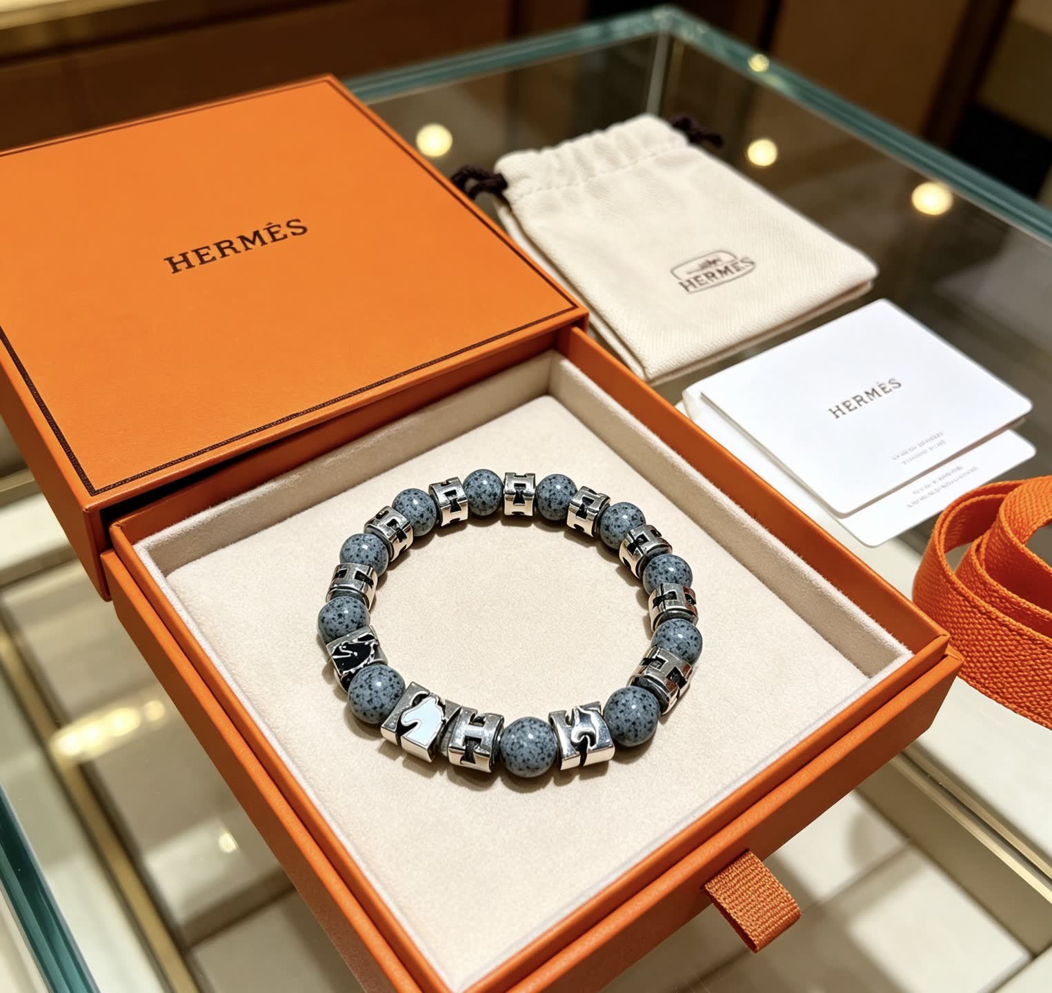 Hermes Hermès Paris Grey Stone & Silver Bracelet
