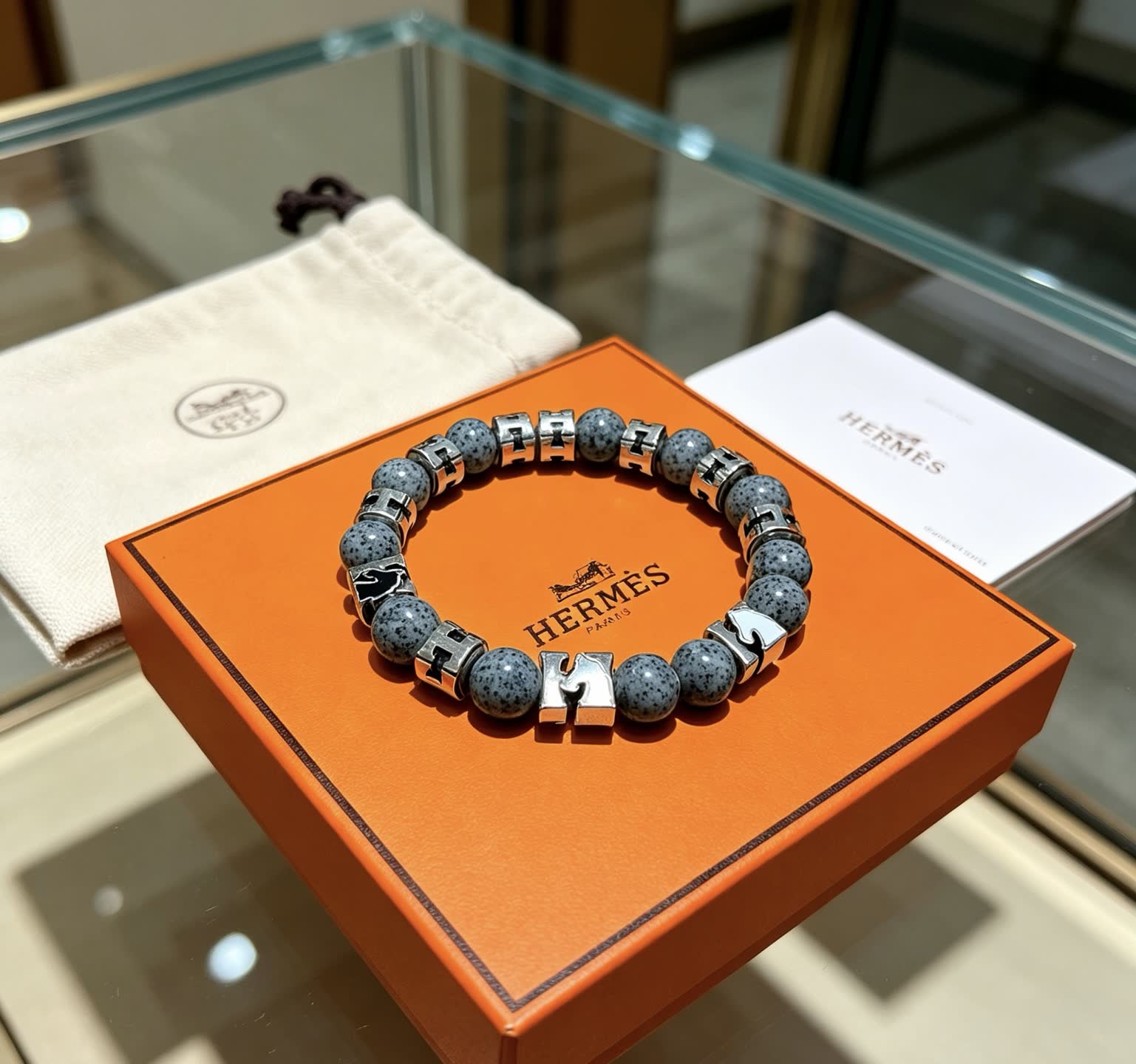 Hermes Hermès Paris Grey Stone & Silver Bracelet