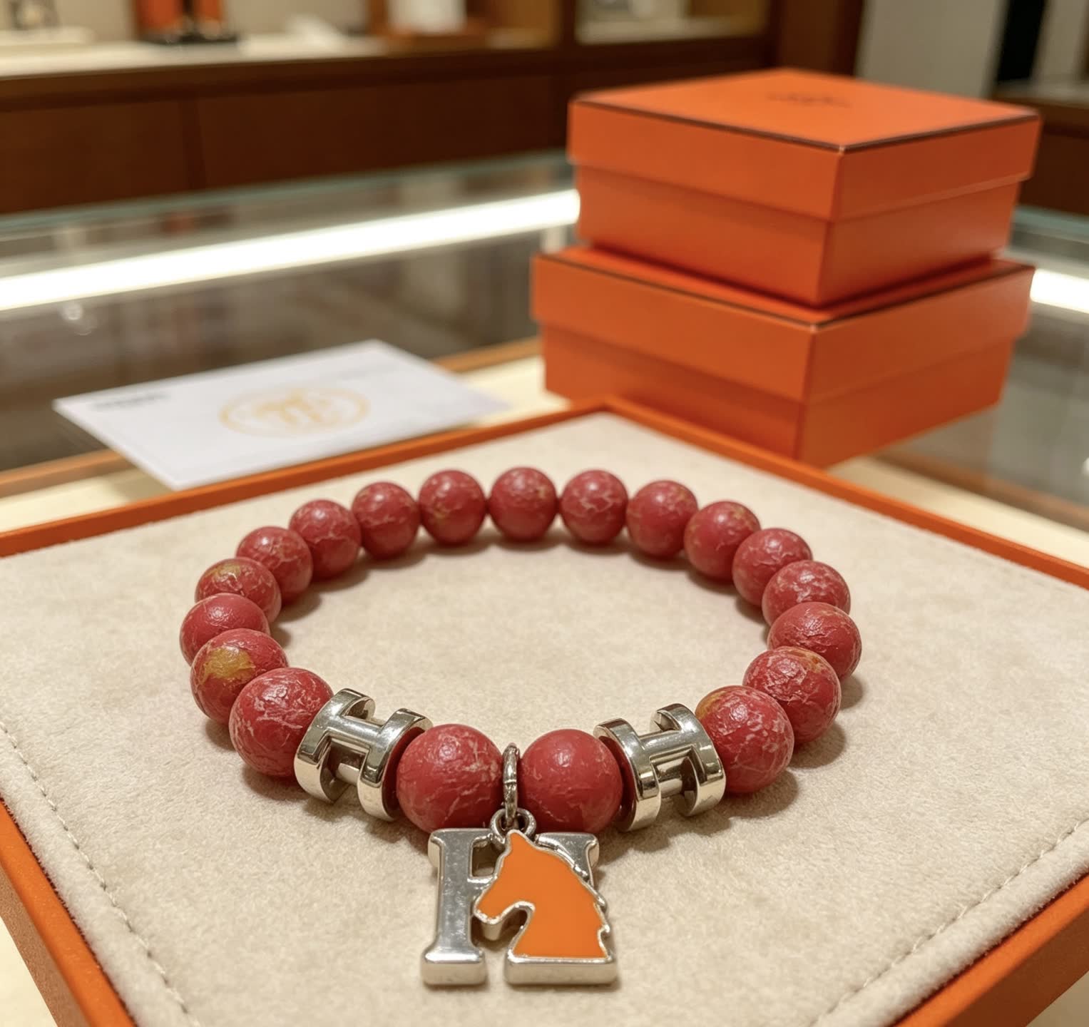 Hermes Hermès Red Jasper Beaded Bracelet with H Logo Charm Hermes Hermès Red Jasper Beaded Bracelet with H Logo Charm