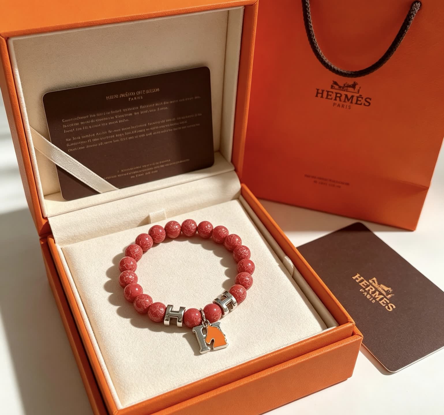 Hermes Hermès Red Jasper Beaded Bracelet with H Logo Charm