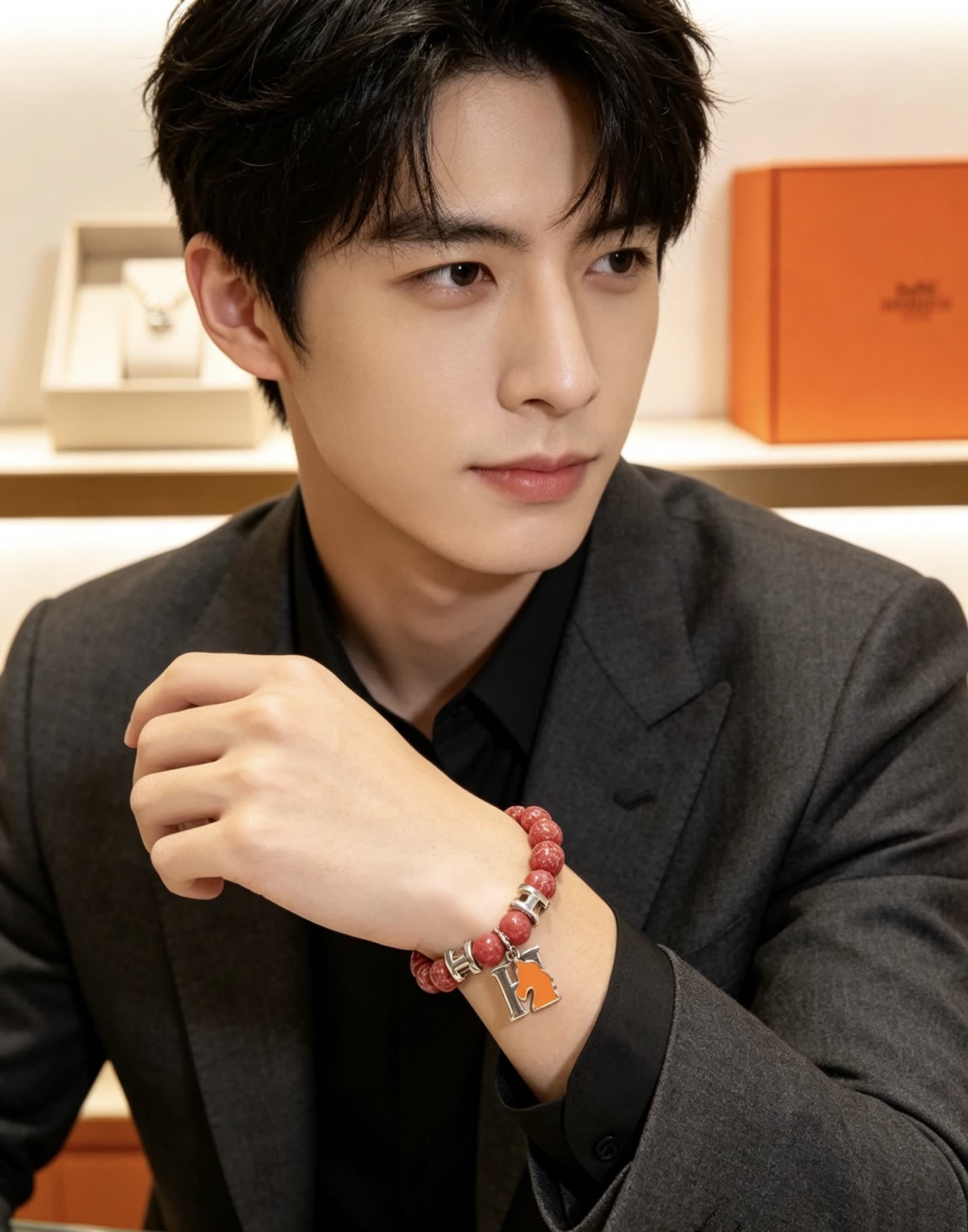 Hermes Hermès Red Jasper Beaded Bracelet with H Logo Charm