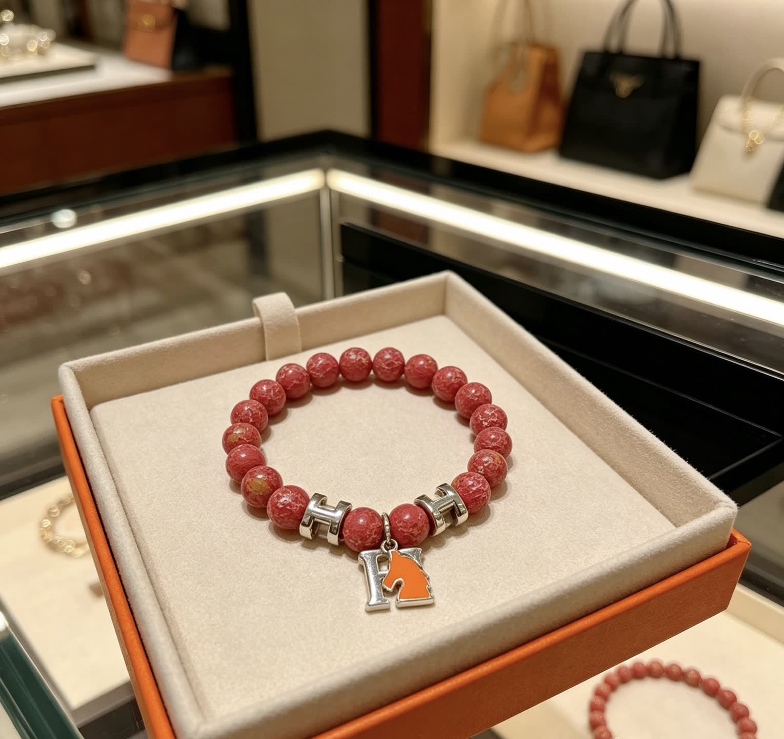 Hermes Hermès Red Jasper Beaded Bracelet with H Logo Charm