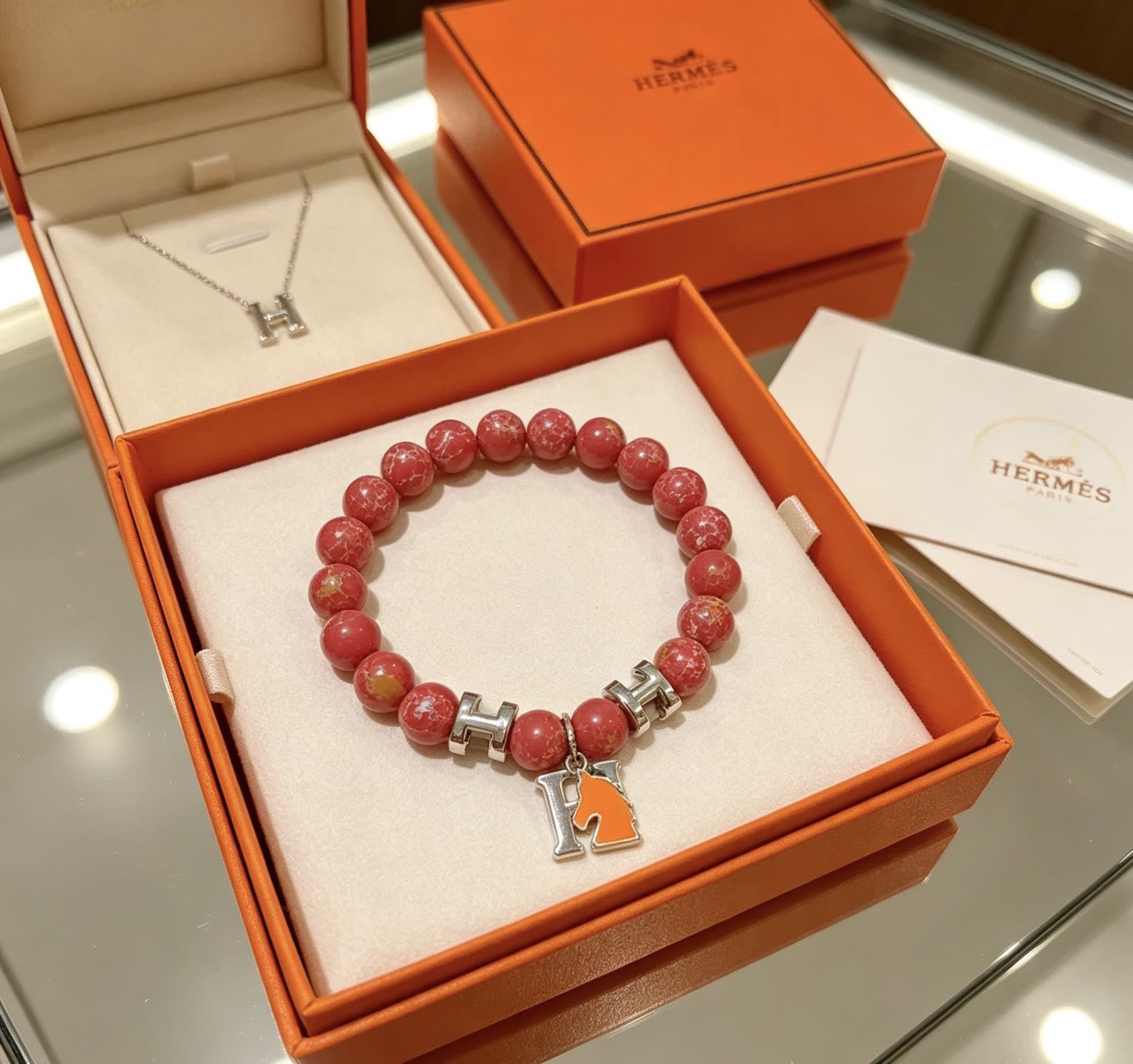 Hermes Hermès Red Jasper Beaded Bracelet with H Logo Charm