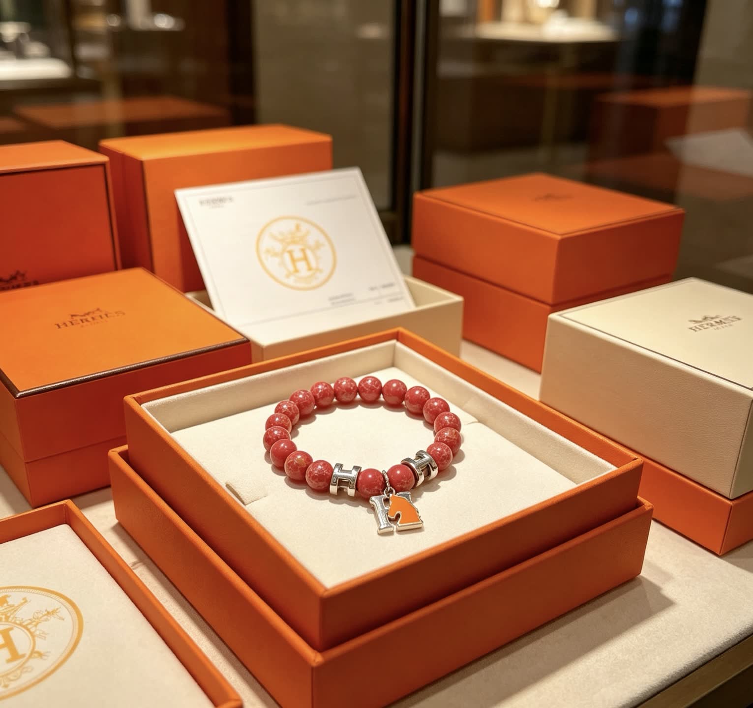 Hermes Hermès Red Jasper Beaded Bracelet with H Logo Charm