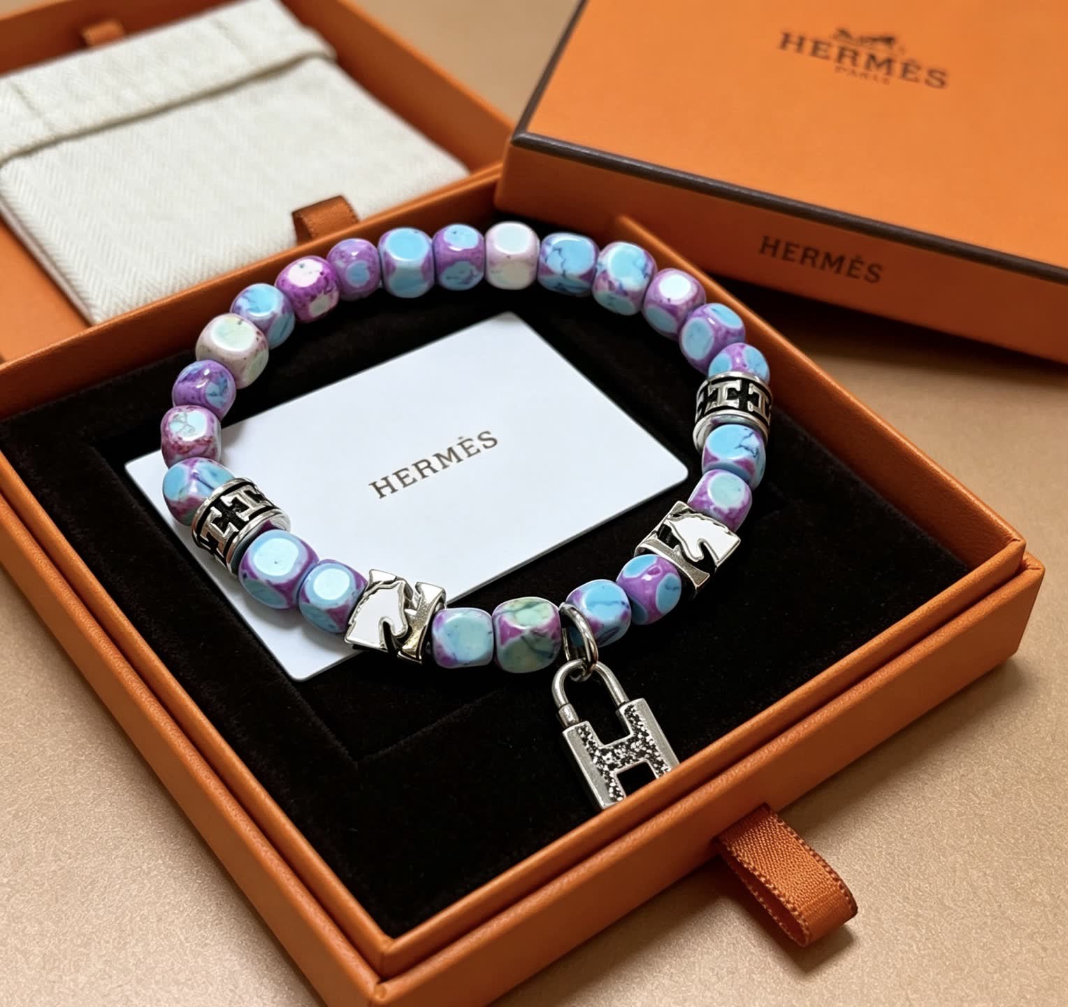 Hermes Hermès Multicolored Beaded Bracelet with Silver Accents Hermes Hermès Multicolored Beaded Bracelet with Silver Accents