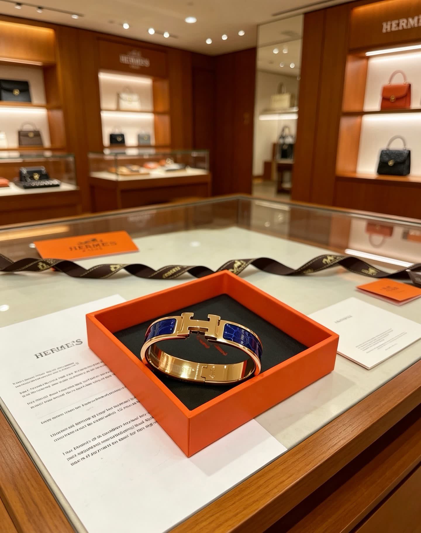 Hermes Hermès Gold and Blue Enamel H Bracelet