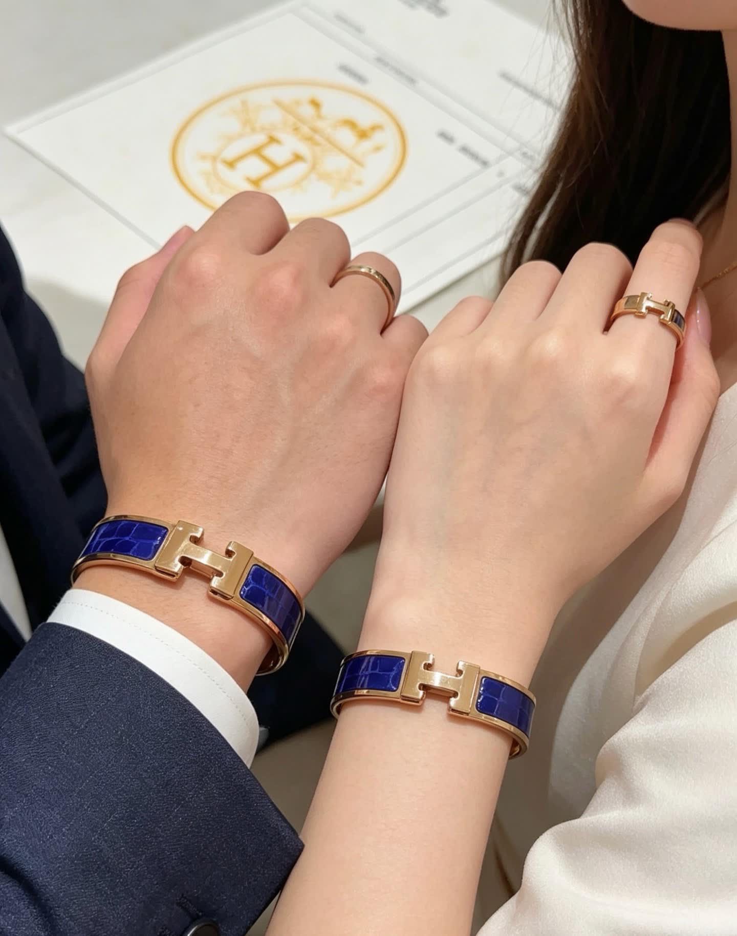 Hermes Hermès Gold and Blue Enamel H Bracelet